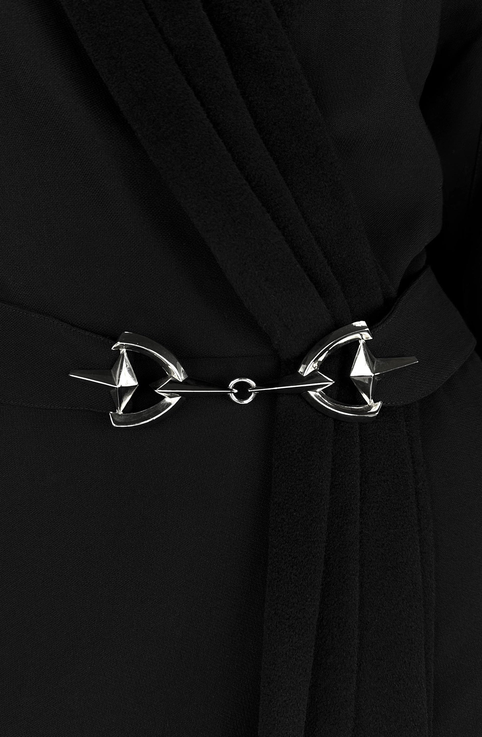 F/W 1996 Thierry Mugler Shawl Collar Horse Bit Buckle Black Wrap Coat Dress