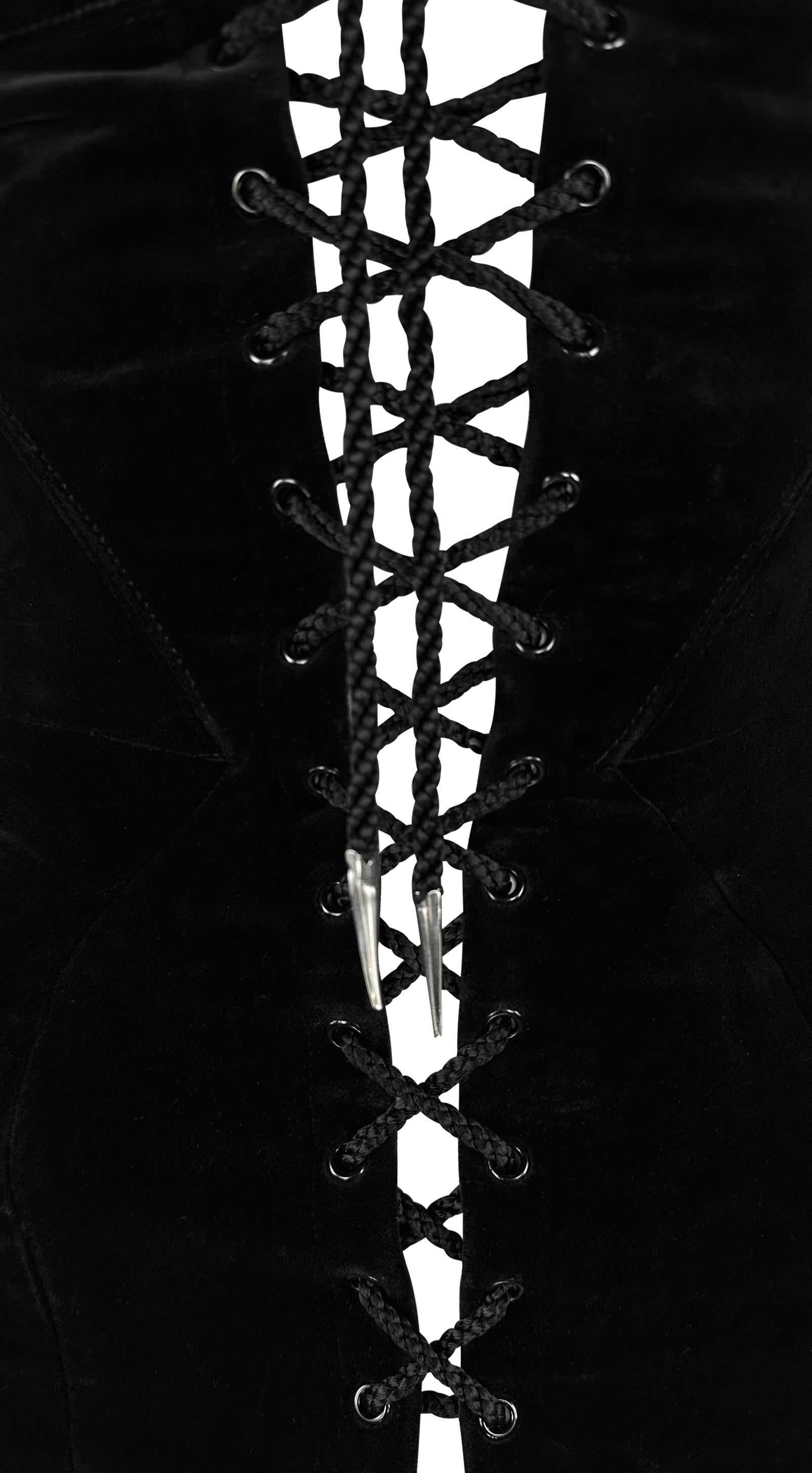 Late 1980s Thierry Mugler Velvet Lace-Up Pointed Strapless Corset Bustier Black