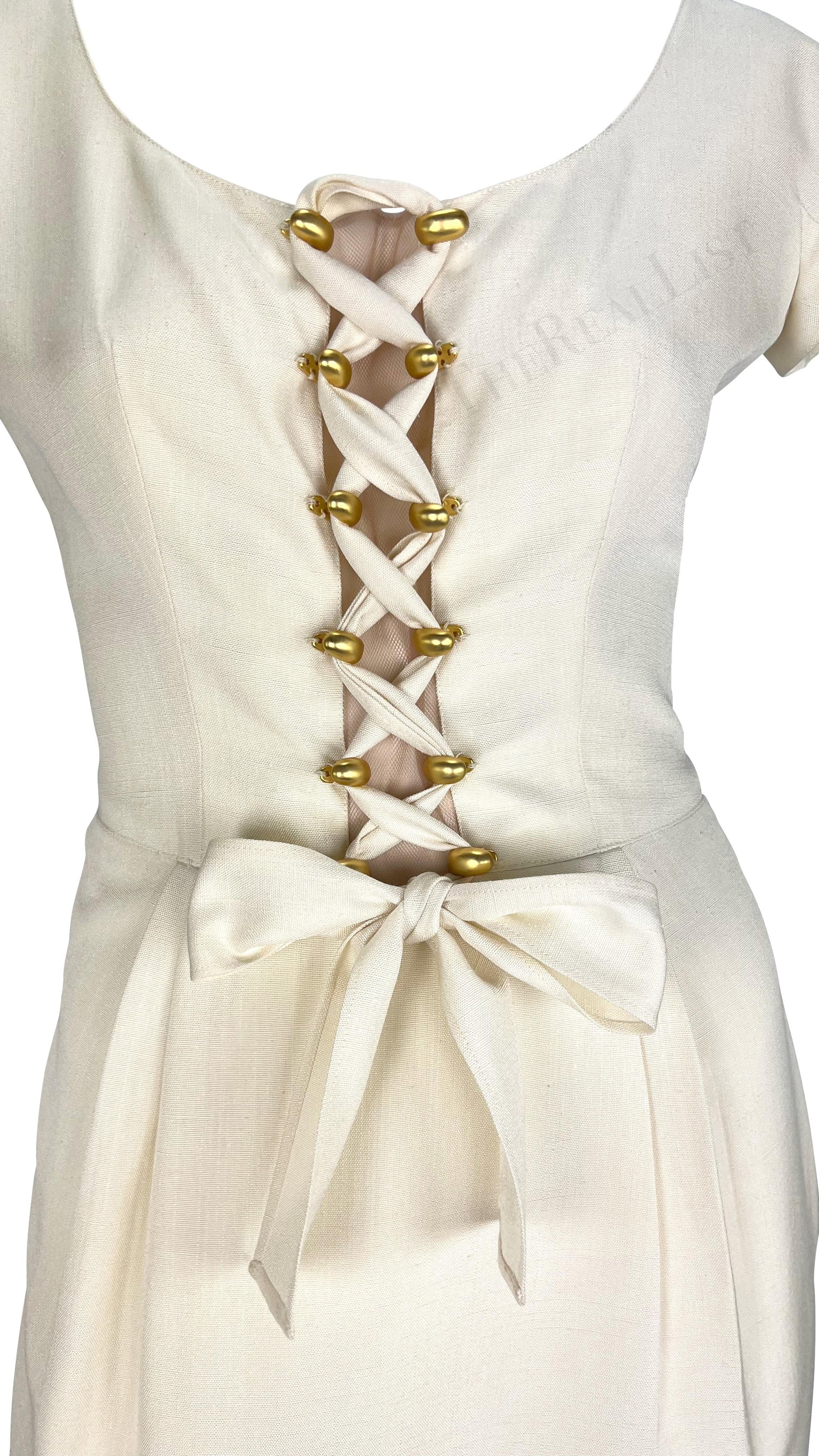 S/S 1995 Valentino Garavani Creme Corset Lace-Up Petal Sleeve Midi Dress