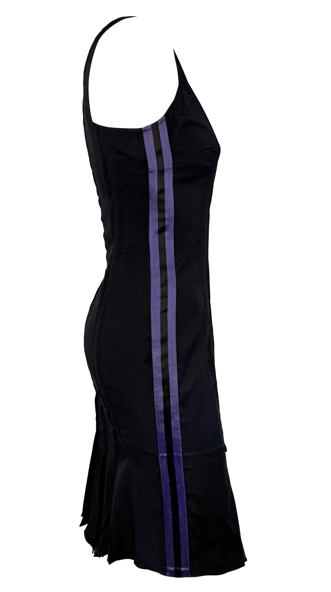 S/S 2004 Gucci by Tom Ford Purple Satin Stripe Panel Sleeveless Black Dress
