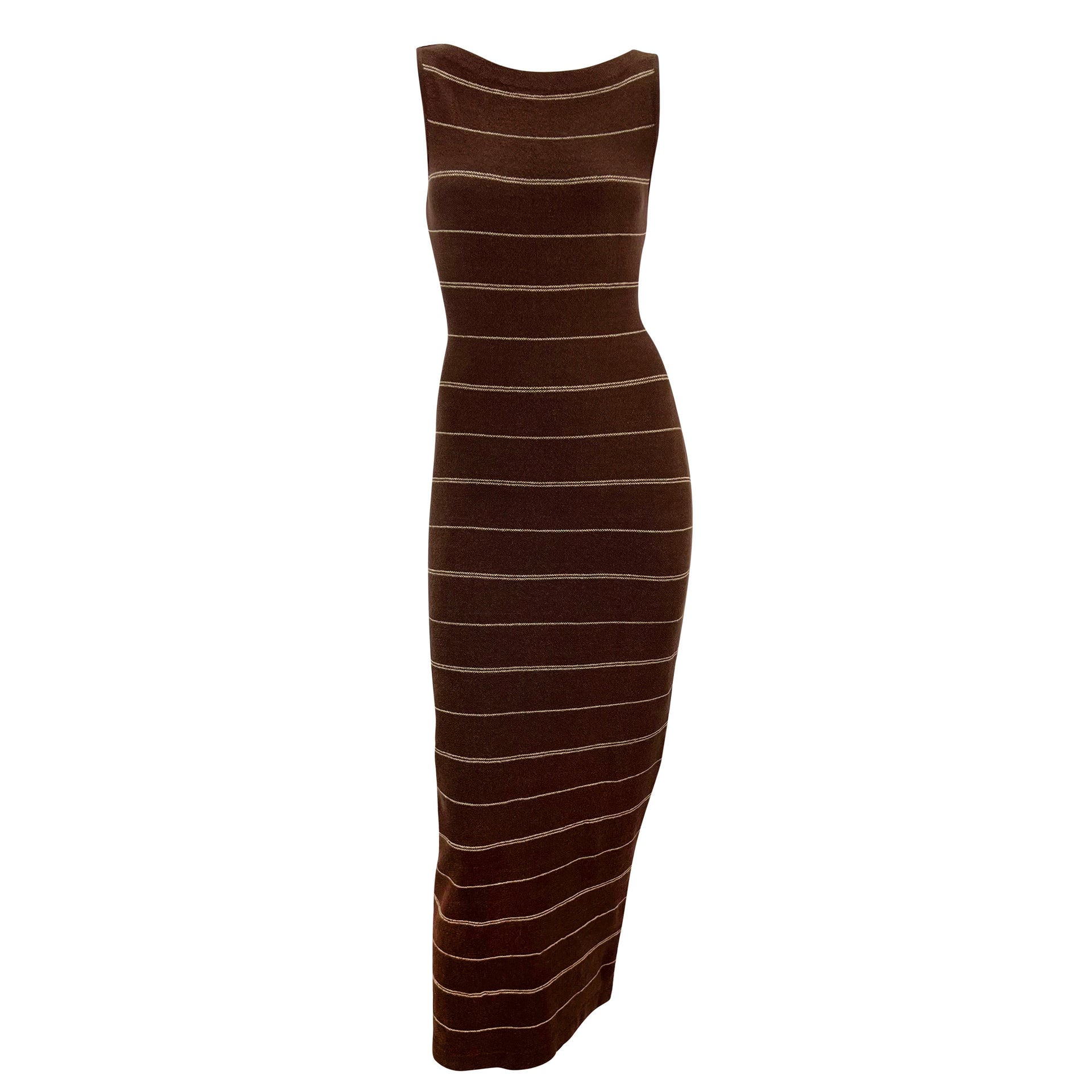 S/S 1997 Ralph Lauren Runway Stretch Knit Backless Brown Stripe Midi Dress