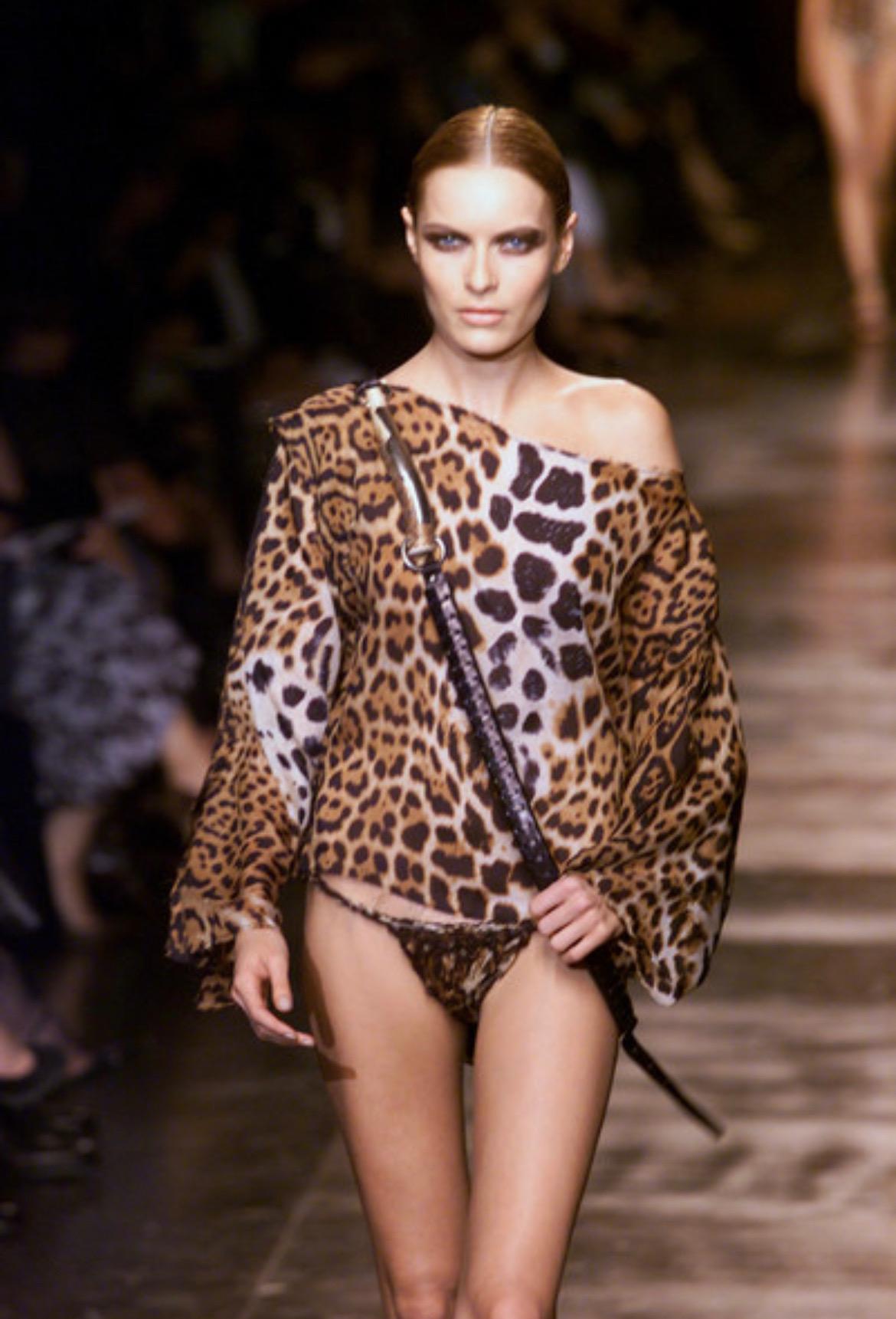 S/S 2002 Yves Saint Laurent by Tom Ford Jaguar Print Sheer Silk Long Sleeve Blouse