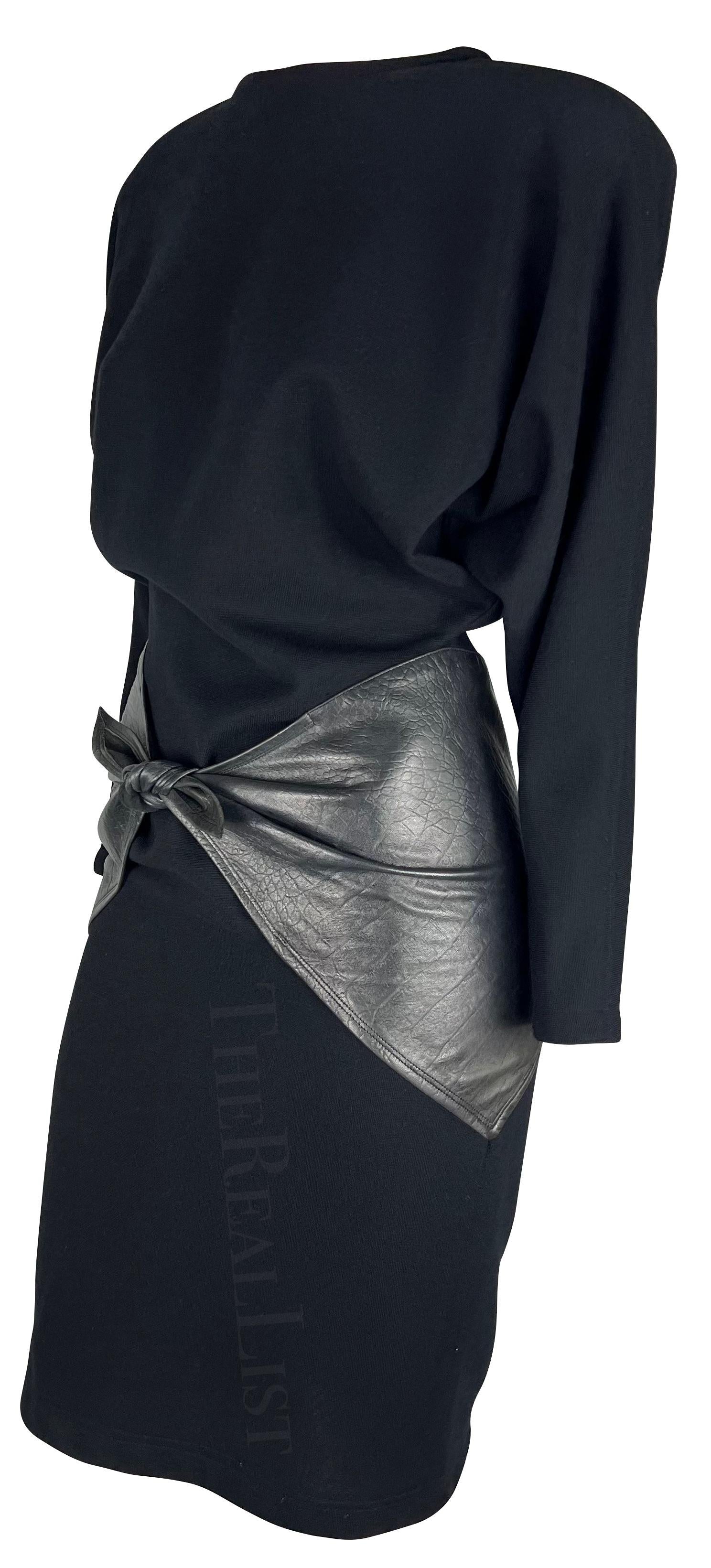 1980s Gianni Versace Stretch Knit Embossed Leather Hip Tie Black Wool Dress