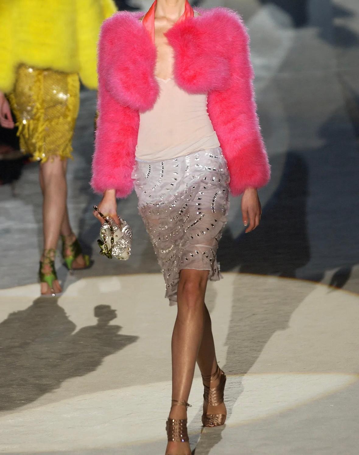 S/S 2004 Gucci by Tom Ford Runway Pale Pink Fan Pleated Silk Rhinestone Skirt