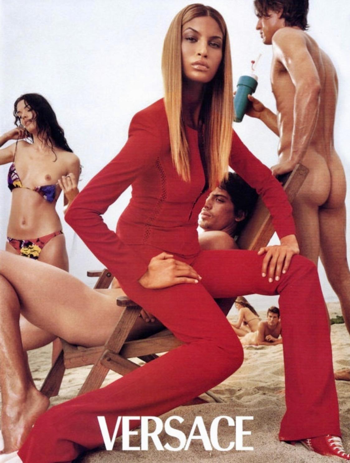 S/S 2002 Gianni Versace Couture by Donatella Red Lace Panel Hook & Eye Pantsuit