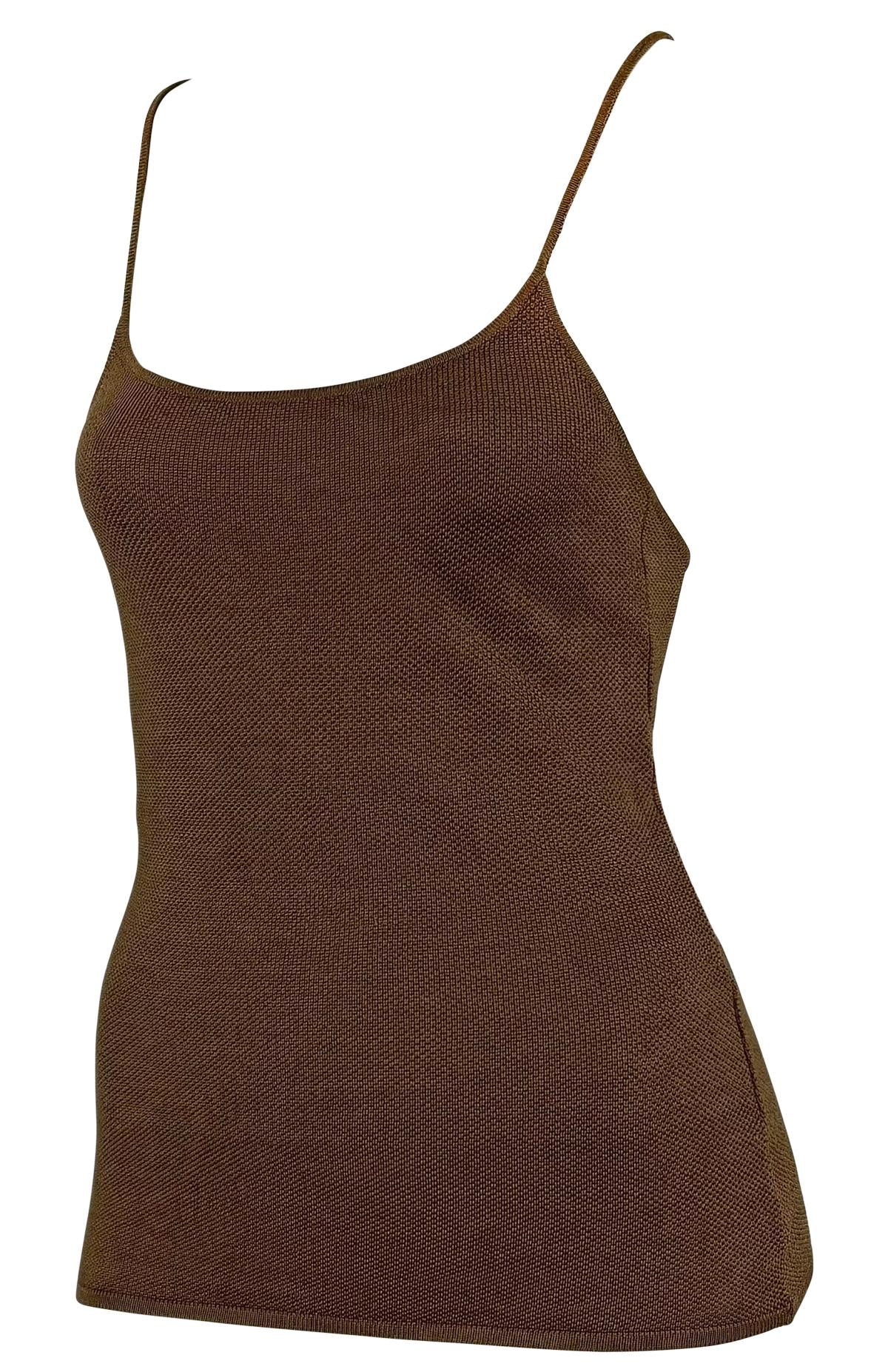 1990s Ralph Lauren Purple Label Brown Silk Backless Sheer Stretch Knit Tank Top