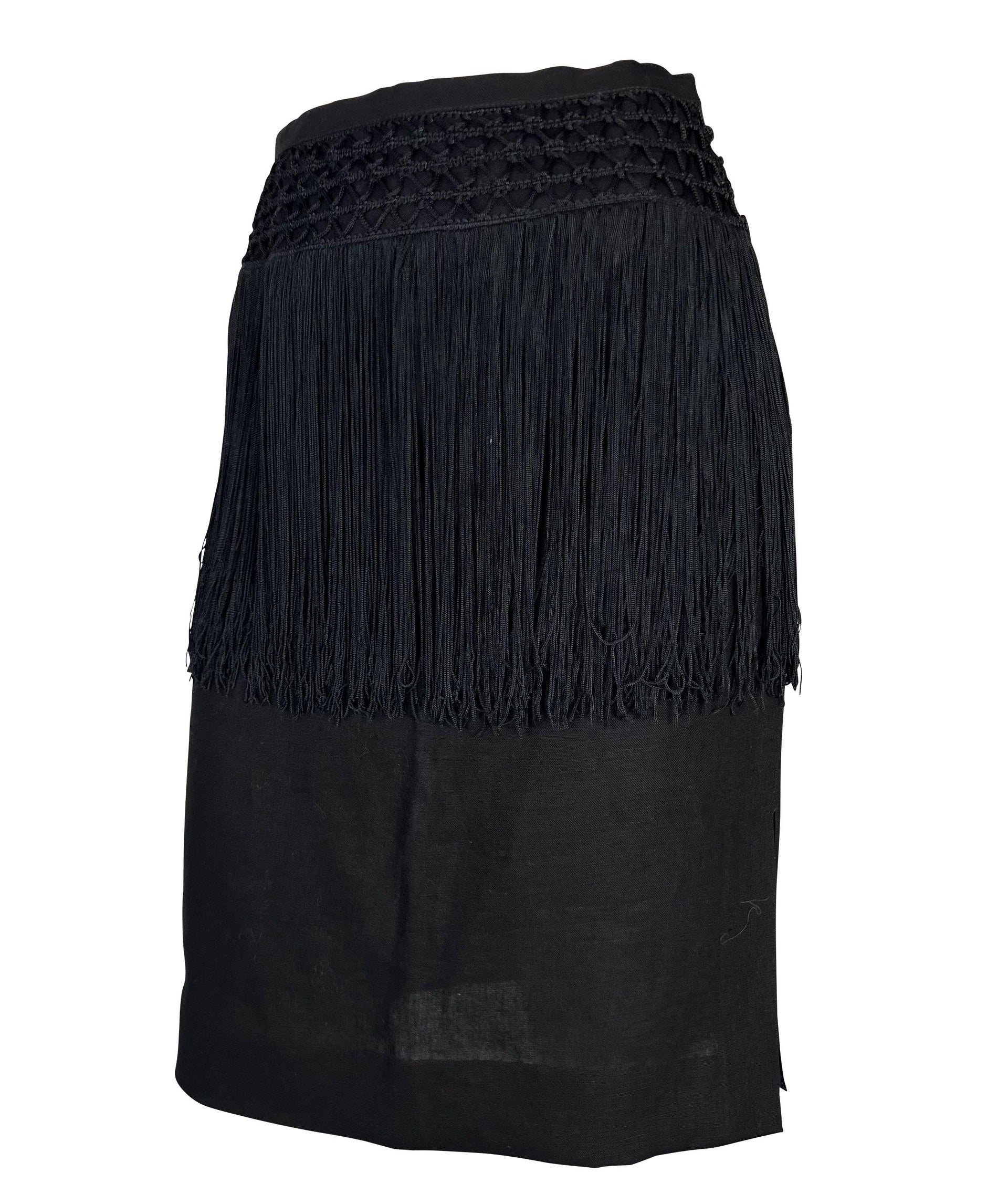 Early 1990s Valentino Garavani Fringe Knit Black Linen Pencil Skirt