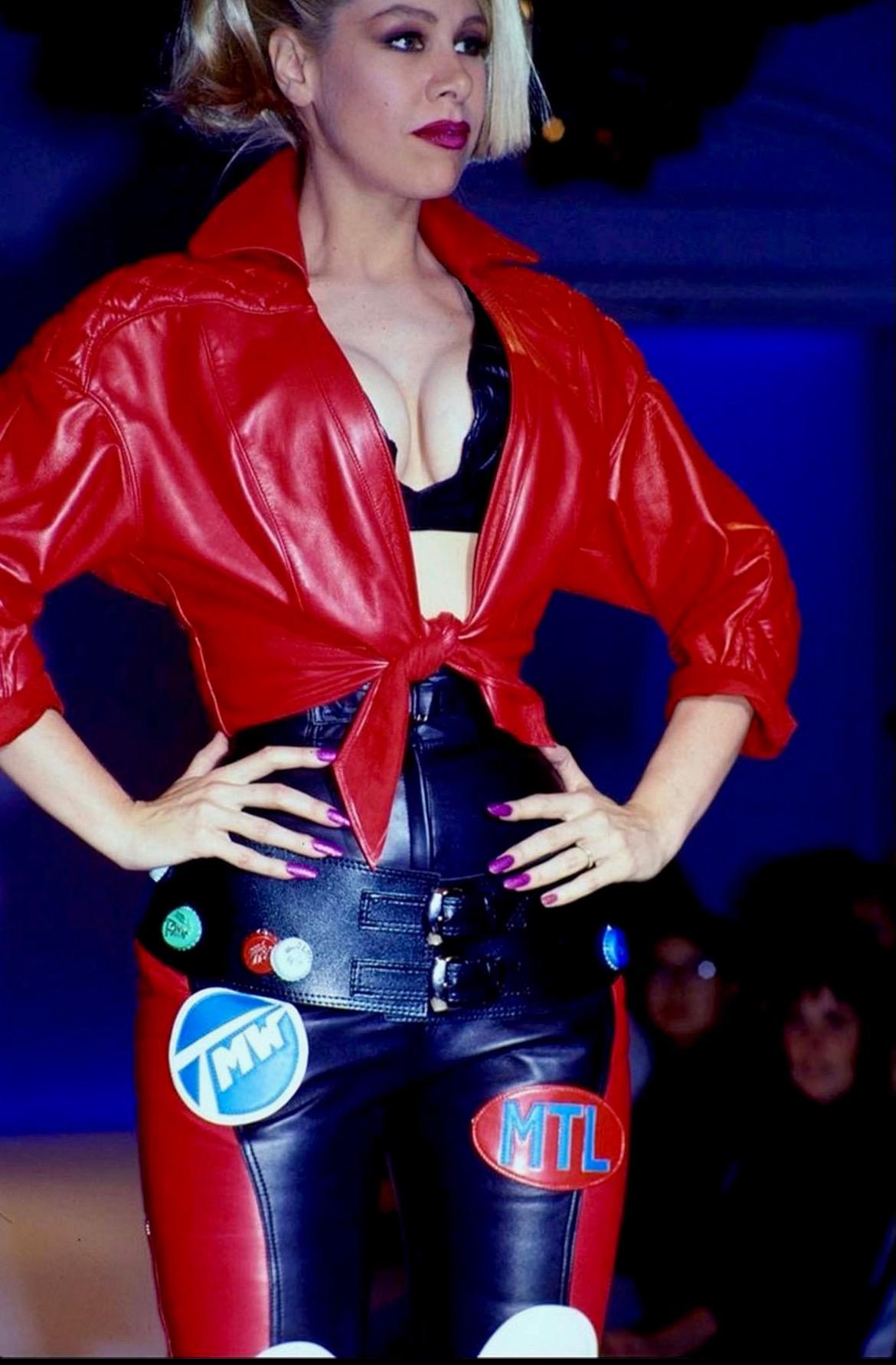 S/S 1990 Thierry Mugler Runway Quilted Red Quilted Leather Cropped Bolero Jacket