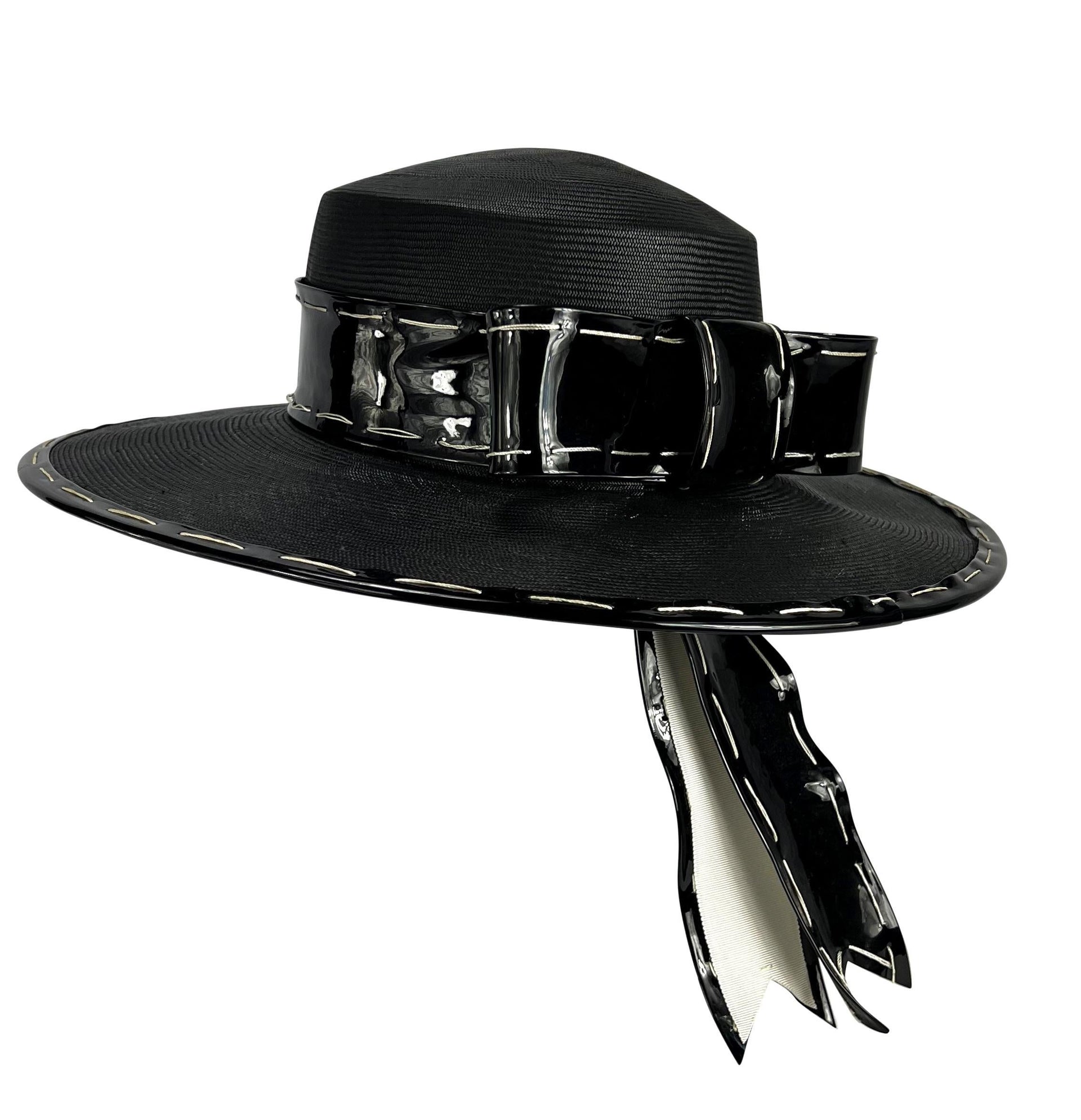 NWT 1980s Yves Saint Laurent Black White Chupalla Patent Bow Hat