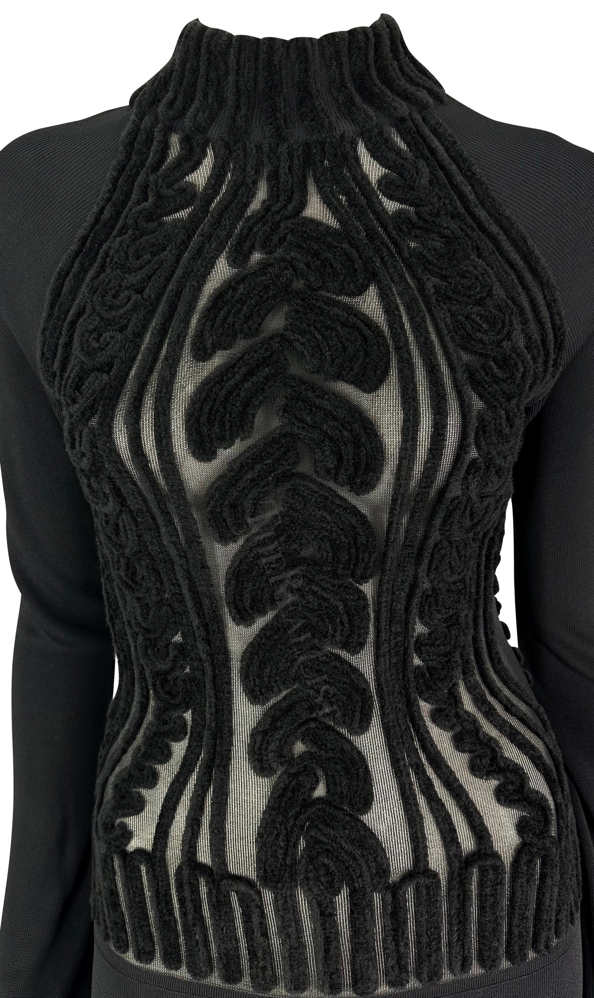 1990s Thierry Mugler Sheer Velvet Devoré Faux Cable-Knit Black Bodycon Gown