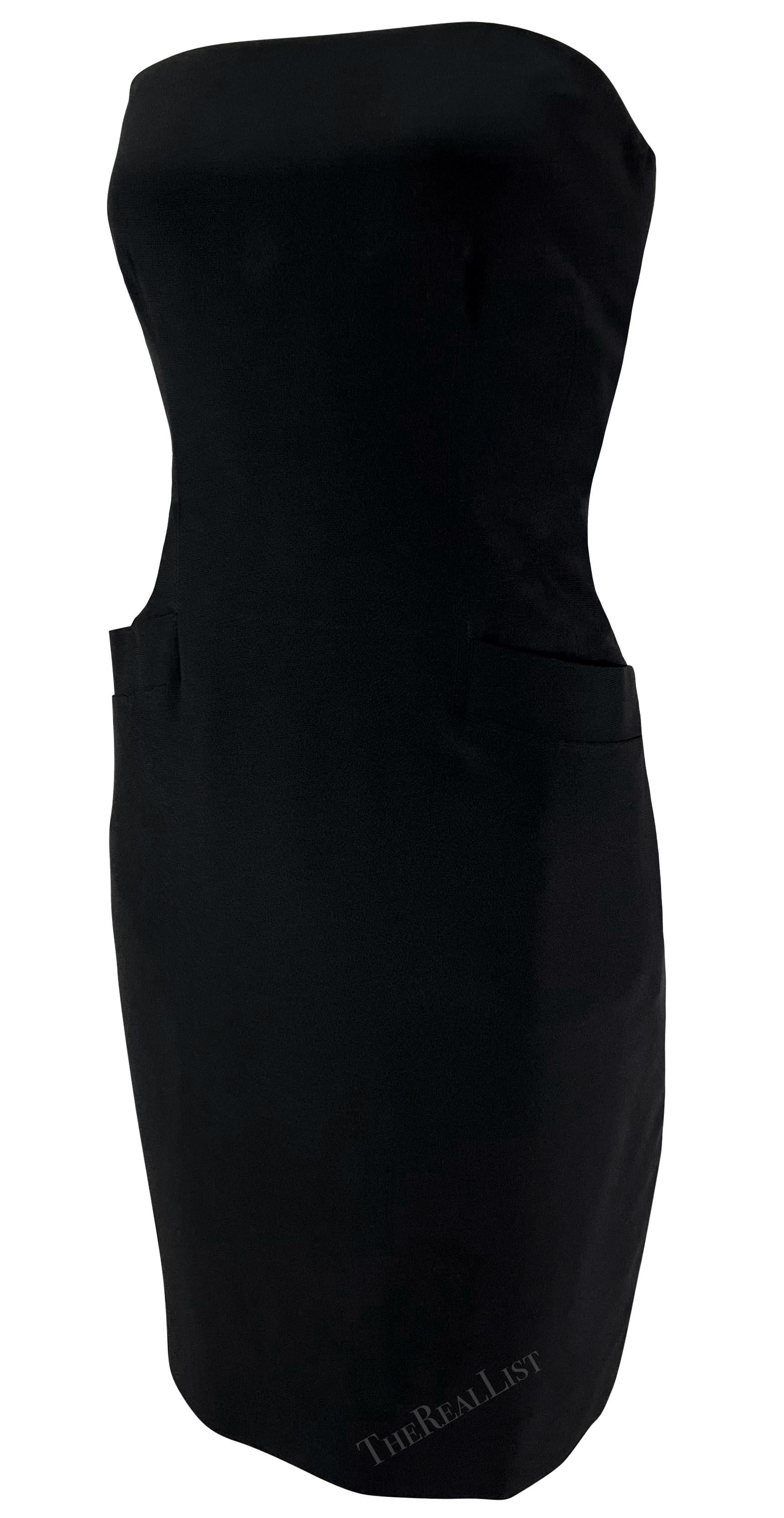 Early 1990s Donna Karan Boned Strapless Black Pocket Mini Dress