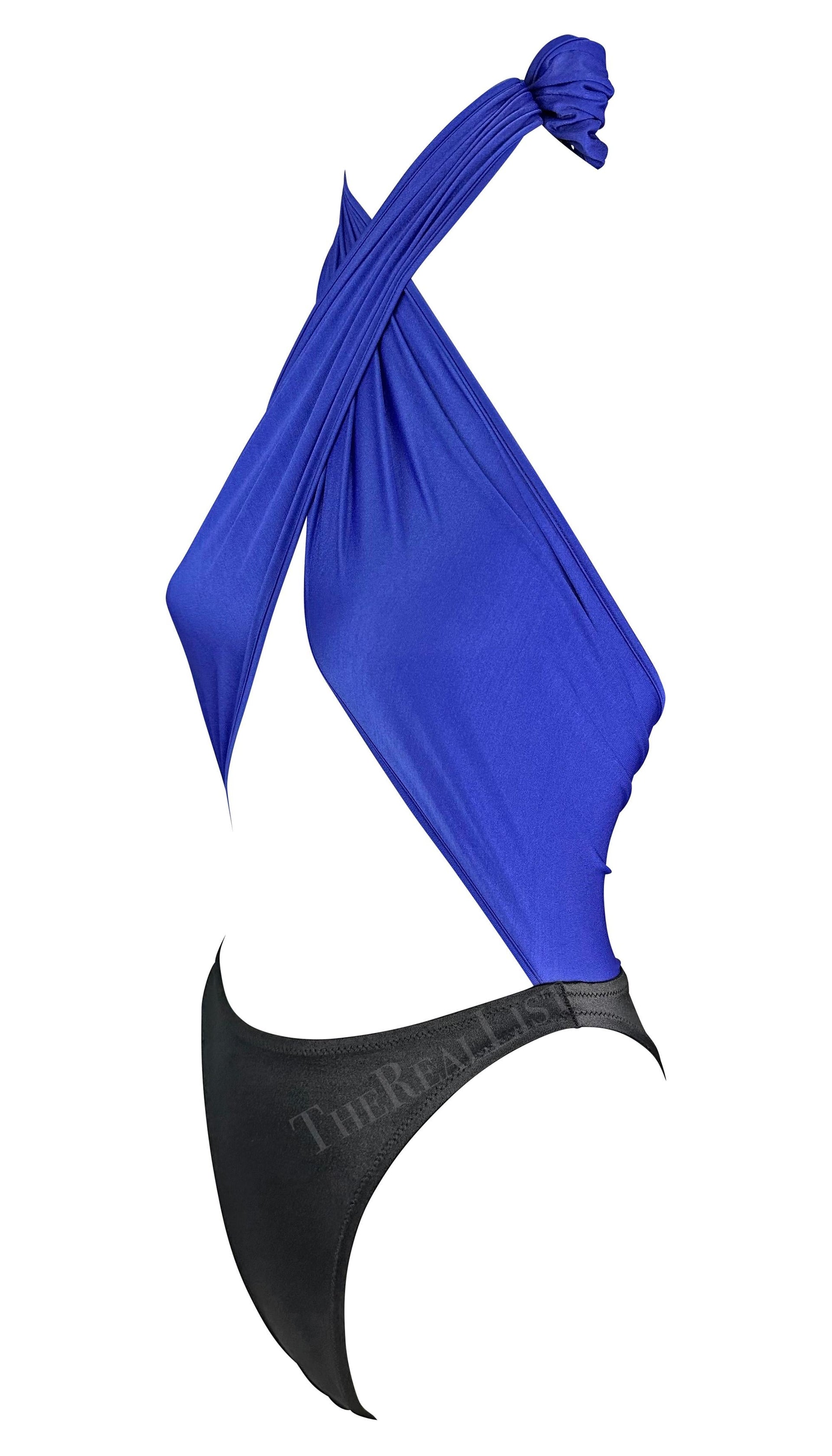 1980s Gianni Versace Plunging Wrap Blue Black One-Piece Bikini Swimsuit