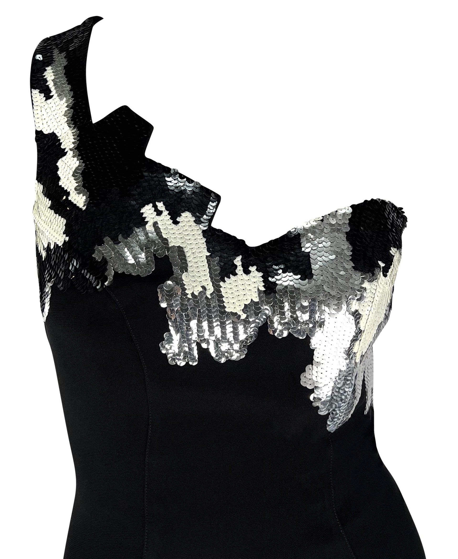 F/W 1989 Thierry Mugler Black White Silver Sequin Asymmetric Jagged Edge Dress