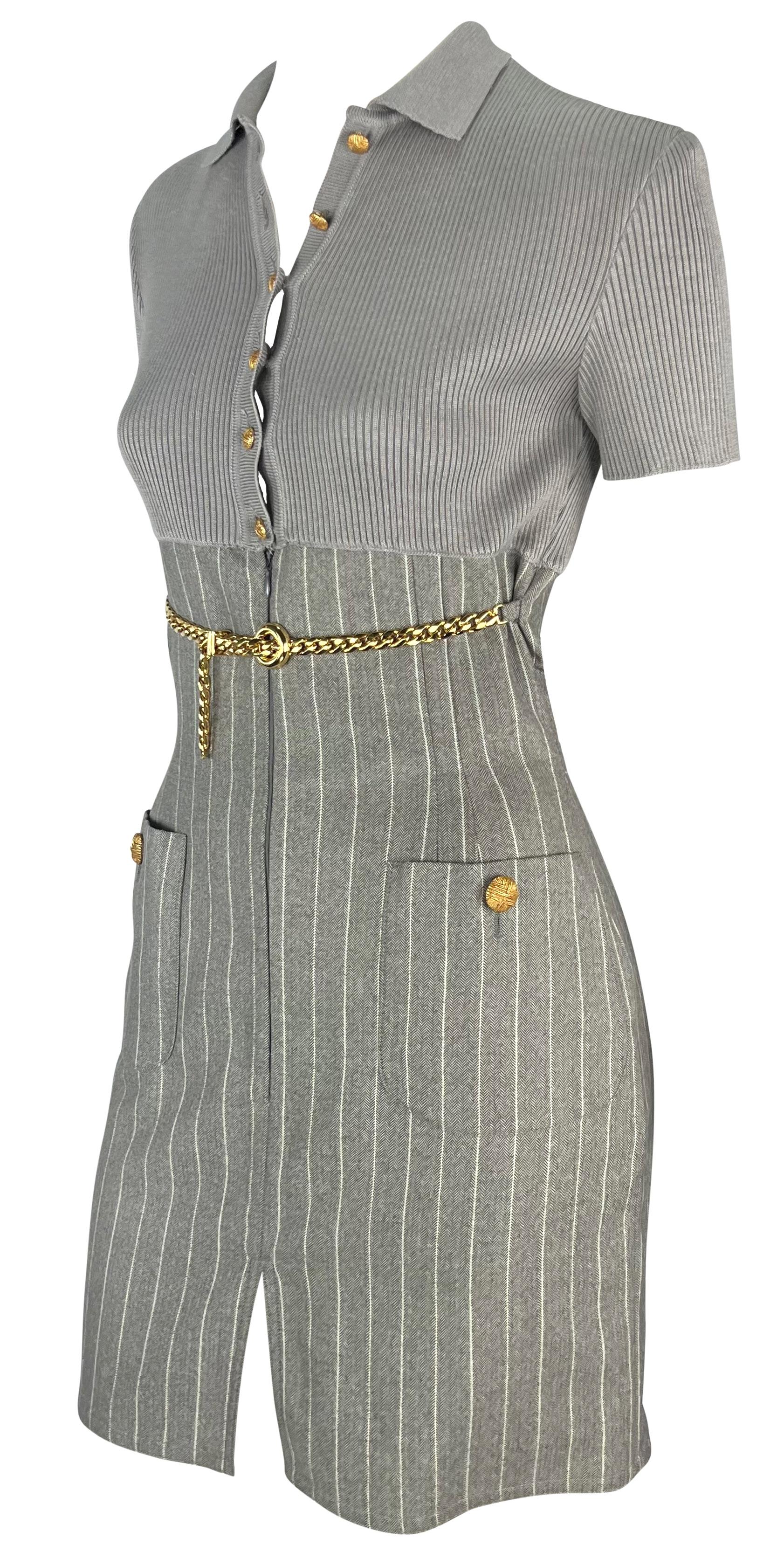 1990s Valentino Garavani Grey Pinstripe Knit Gold Chain Belt Mini Dress