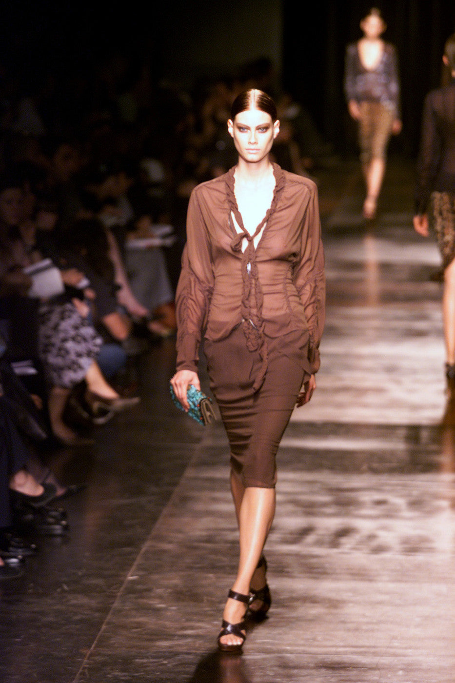 S/S 2002 Yves Saint Laurent by Tom Ford Safari Black Ruched Pussy Bow Zip Blouse