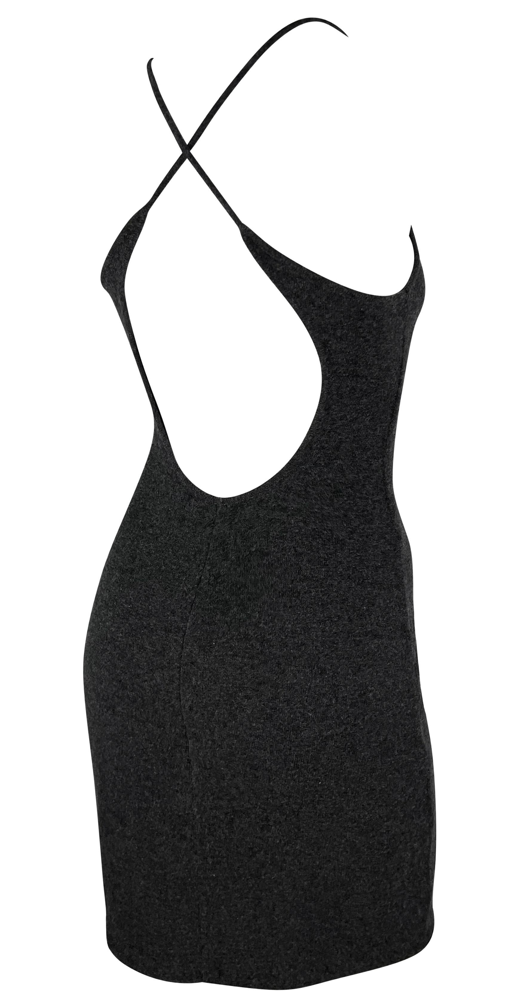 1990s Ralph Lauren Cashmere Knit Backless Charcoal Grey Bodycon Mini Dress