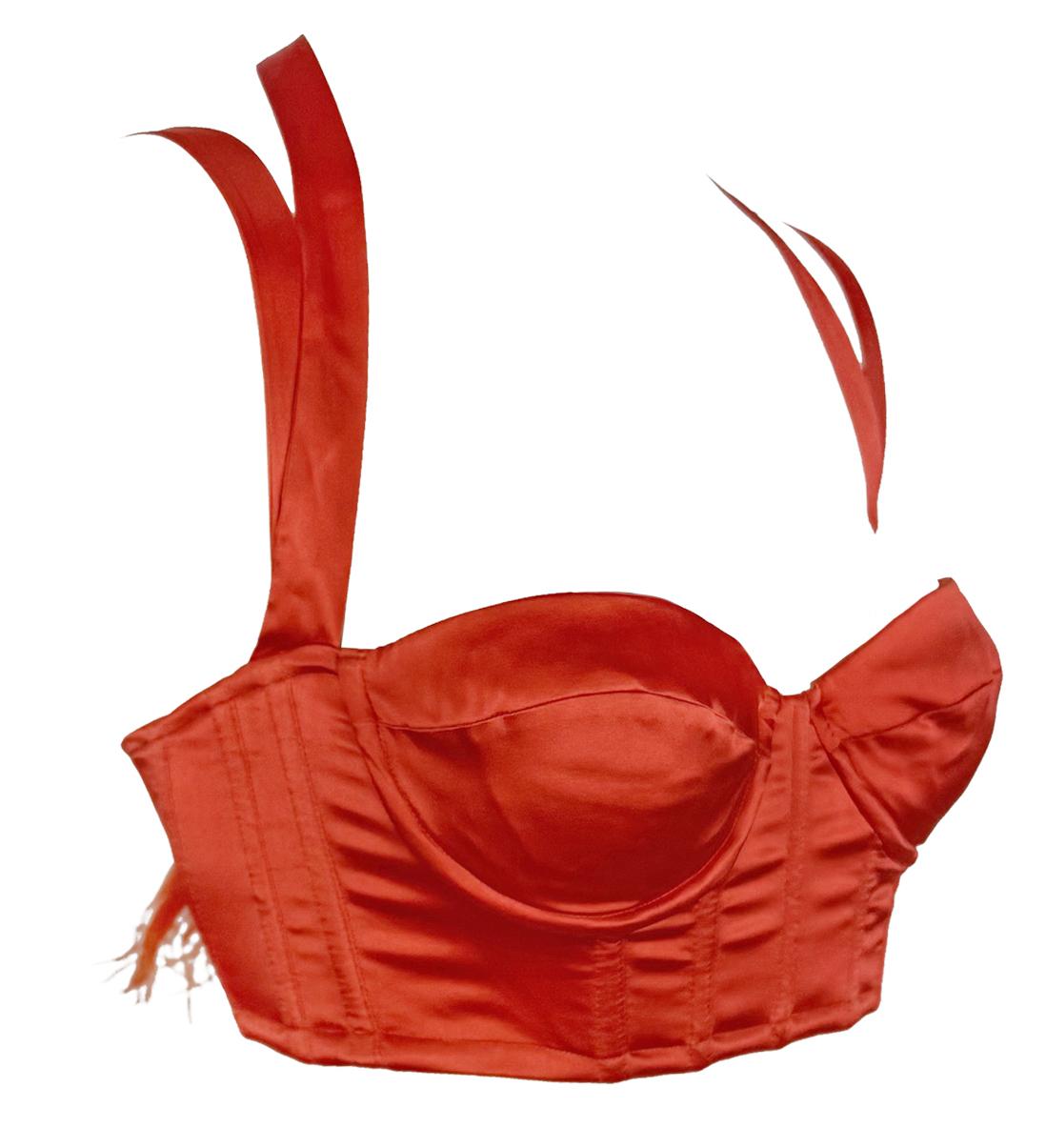 NWT S/S 2004 Roberto Cavalli Red Orange Satin Corset Bustier Ribbon Crop Top