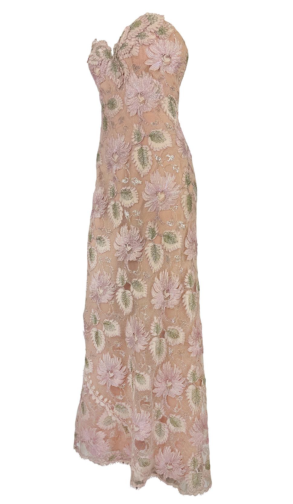 1990s Bob Mackie Peach Tone Floral Lurex Embroidery Lace Strapless Evening Gown