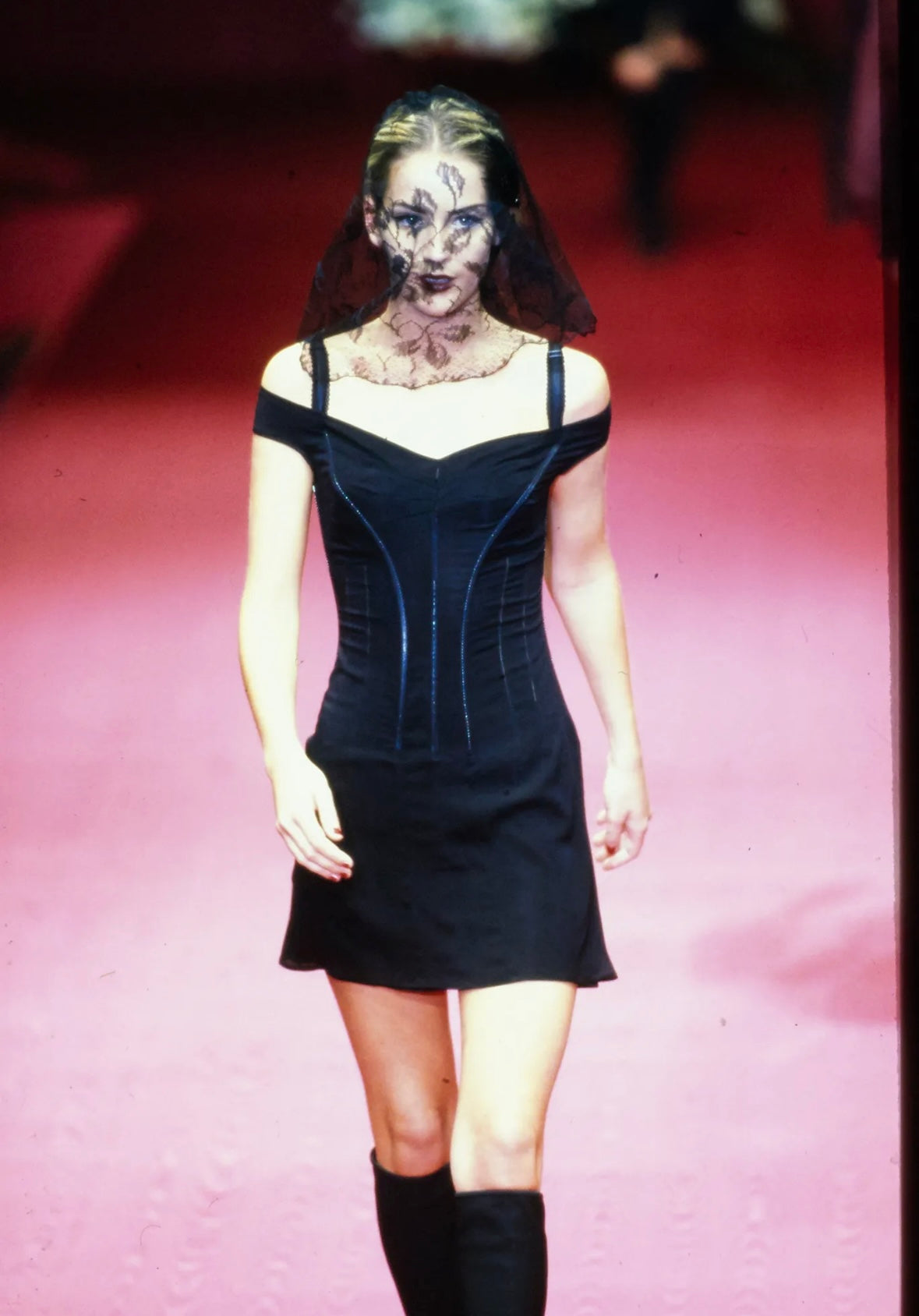 F/W 1997 Dolce & Gabbana Corset Boned Sheer Black Lace Trim Evening Gown