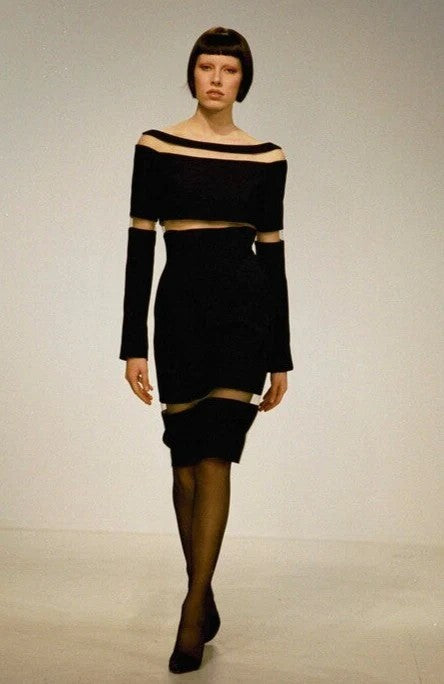 F/W 1999 Thierry Mugler Runway Sheer Mesh Panel Little Black Mini Dress