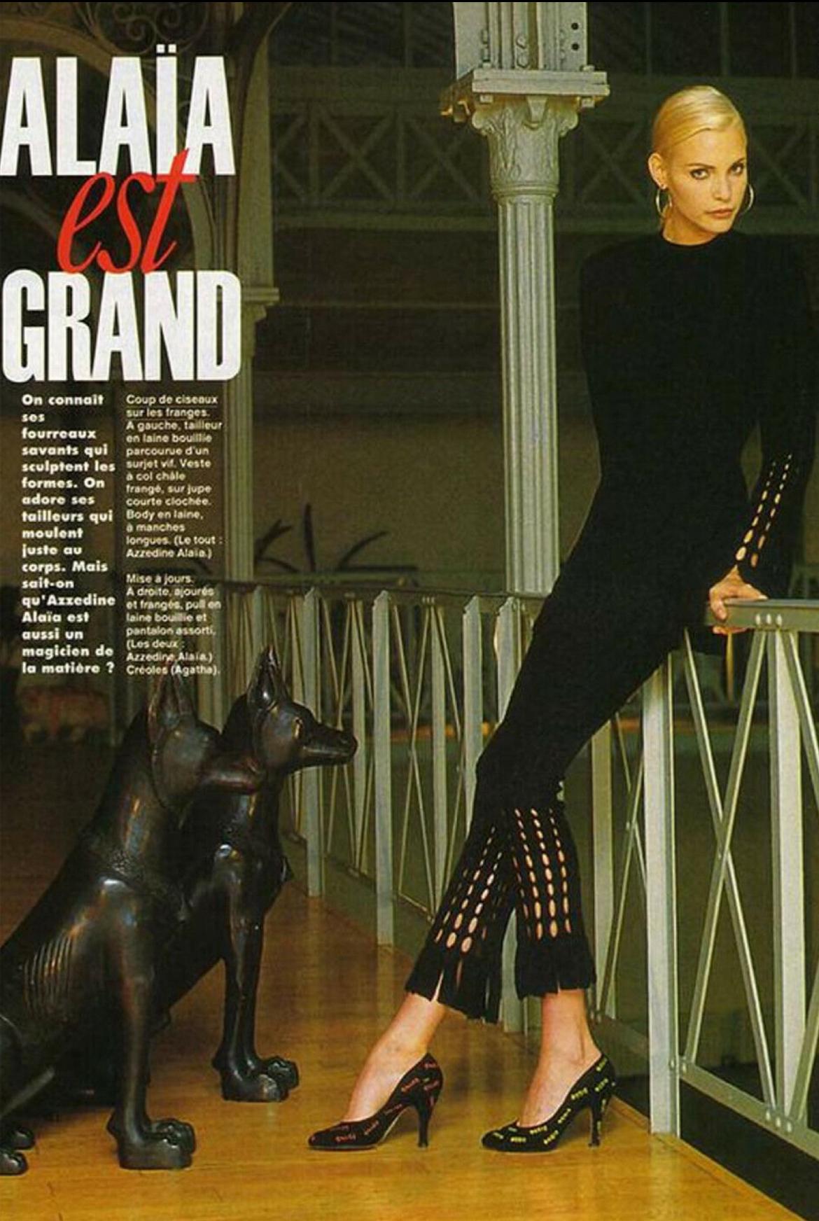 F/W 1993 Azzedine Alaïa Black Eyelet Fringe Knit Bodycon Full-Length Dress