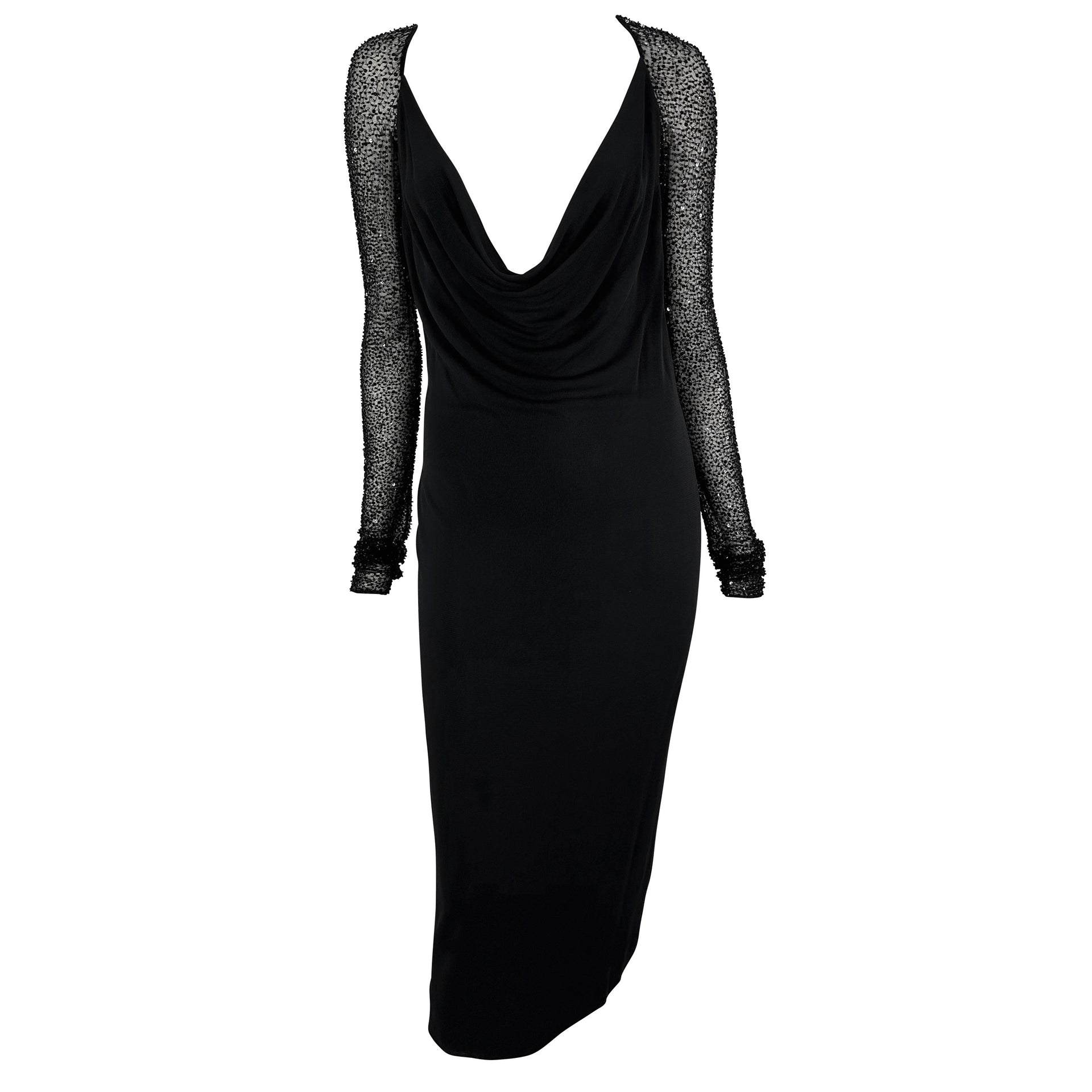 F/W 1997 Halston by Randolph Duke Runway Black Cowl Neck Beaded Dress