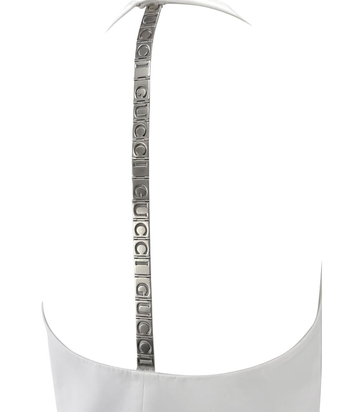 S/S 1996 Gucci by Tom Ford White Metal Logo Spine Backless Halter Dress
