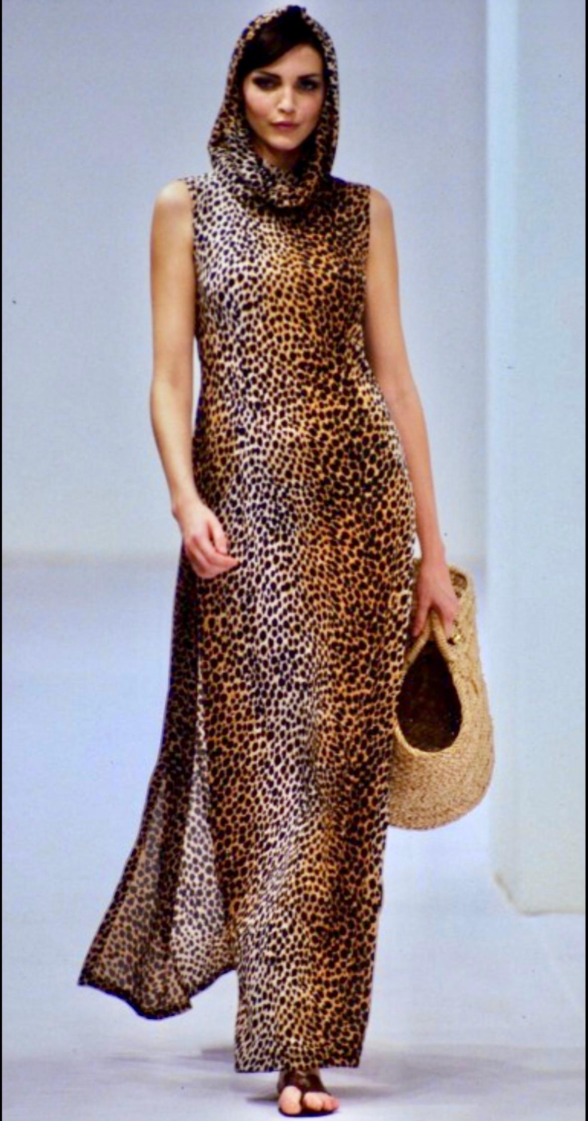 S/S 1996 Dolce & Gabbana Hooded Stretch Cheetah Print High Slit Dress
