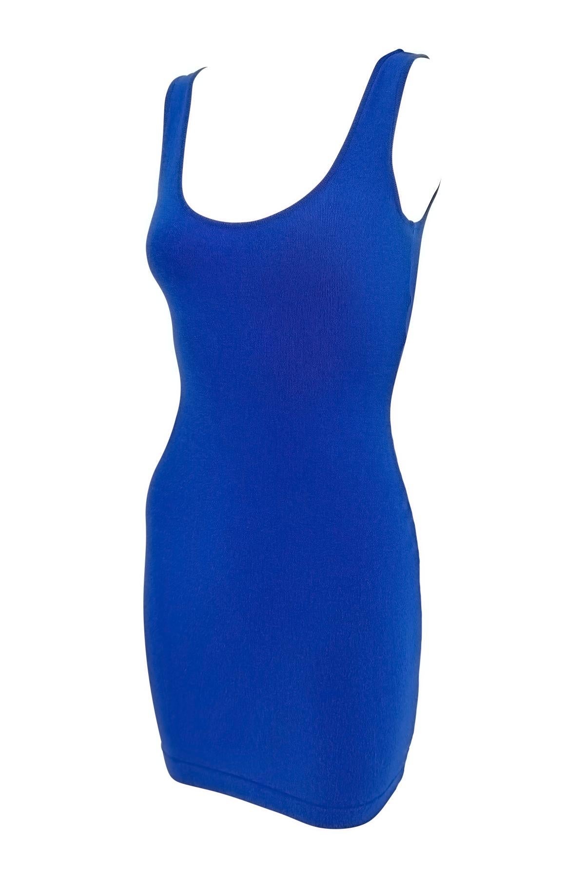 1980s Donna Karan Blue Bodycon Knit V Neck Plunging Cocktail Dress