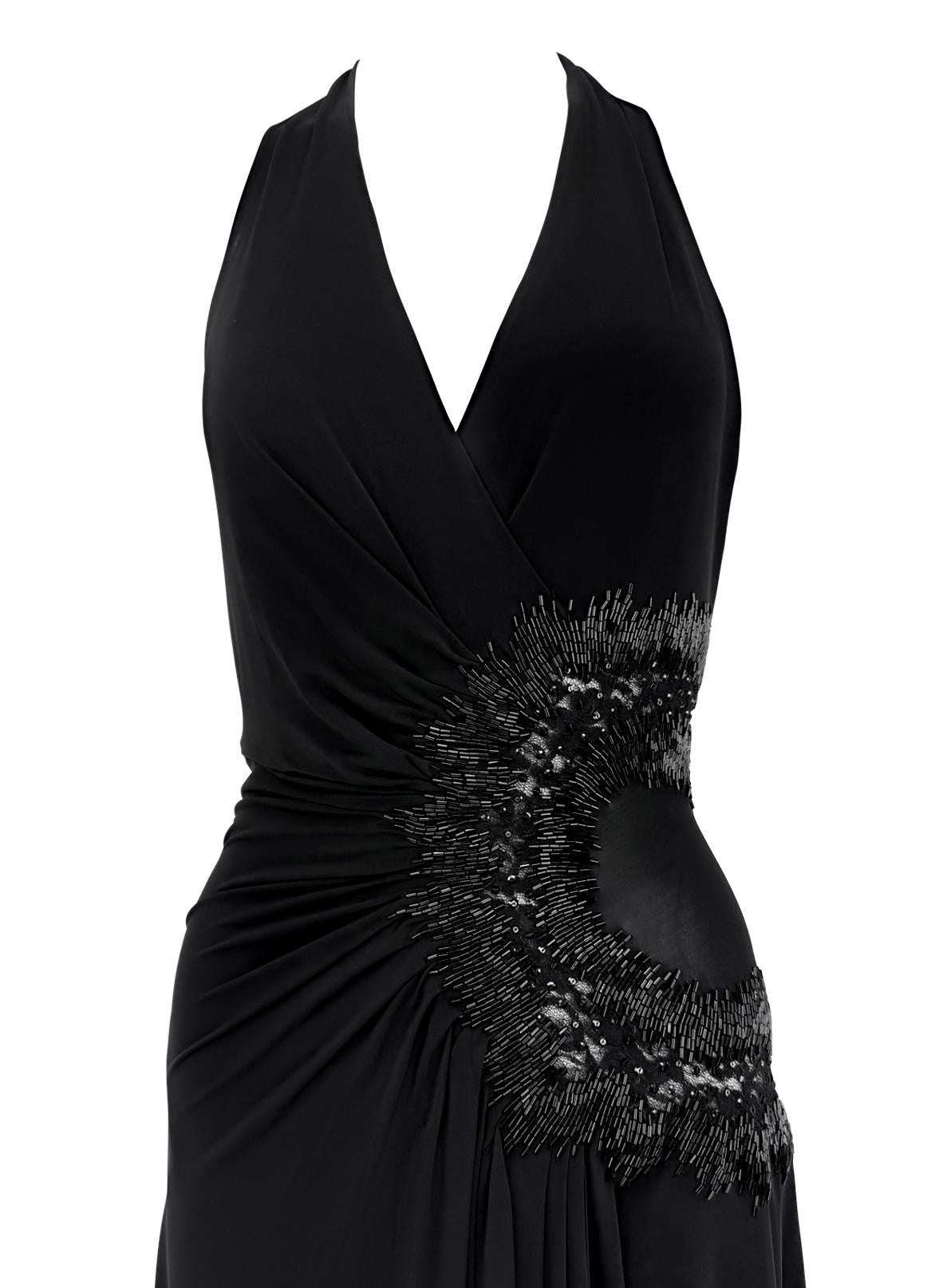 2006 Roberto Cavalli Semi Sheer Black Rhinestone Beaded Flare Halter Mini Dress
