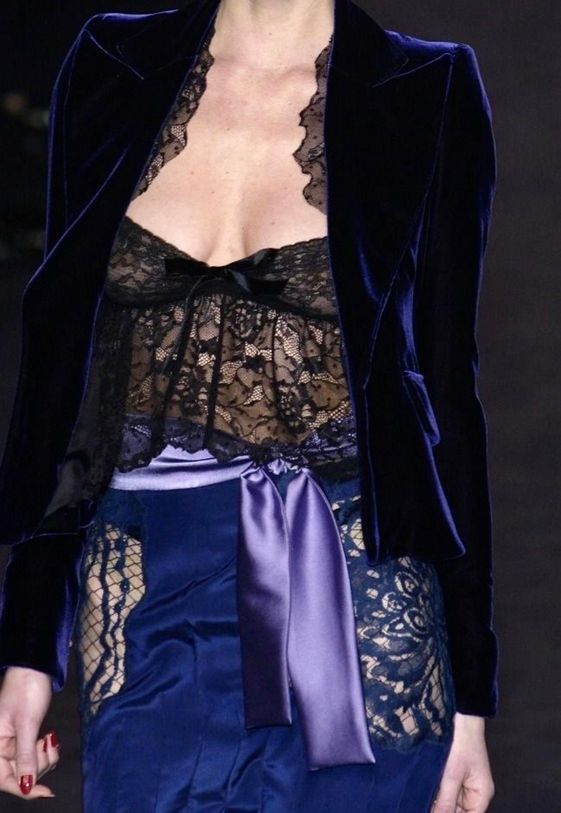 F/W 2003 Yves Saint Laurent by Tom Ford Runway Purple Satin Sheer Lace Skirt Set