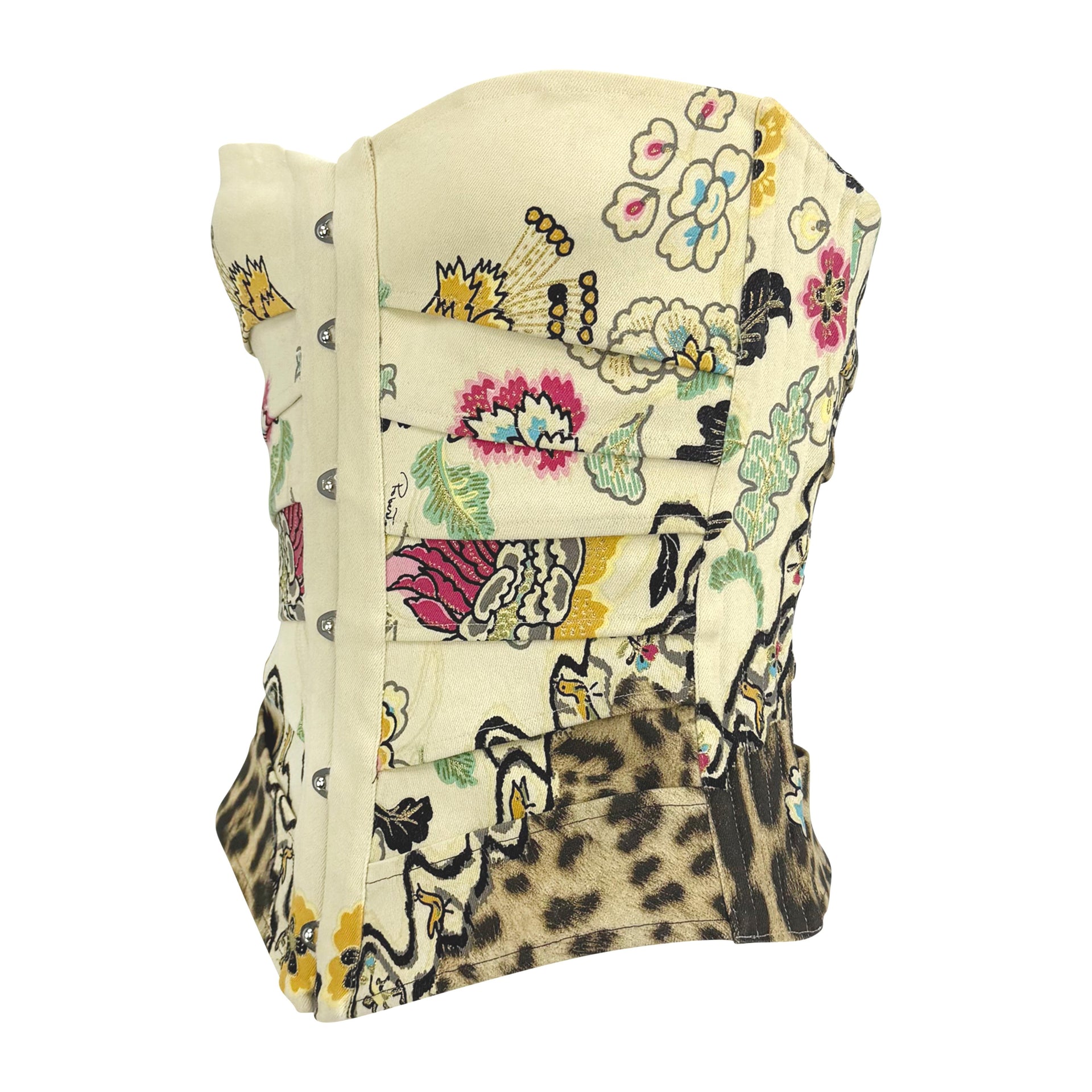 S/S 2003 Roberto Cavalli Chinoiserie Print Creme Lace-Up Corset Top
