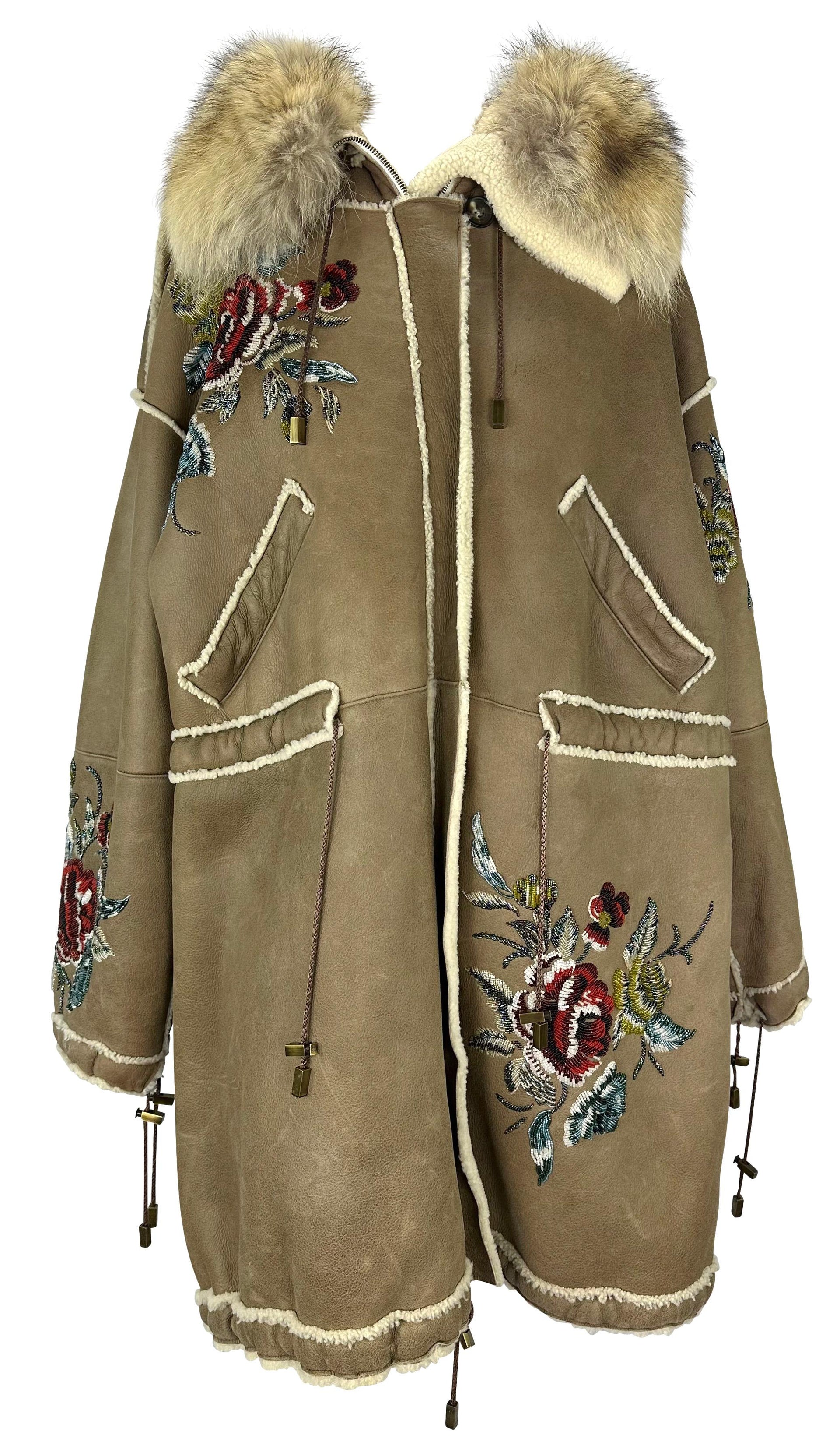 F/W 2002 Christian Dior by John Galliano Floral Beaded Shearling Fur Hooded Coat