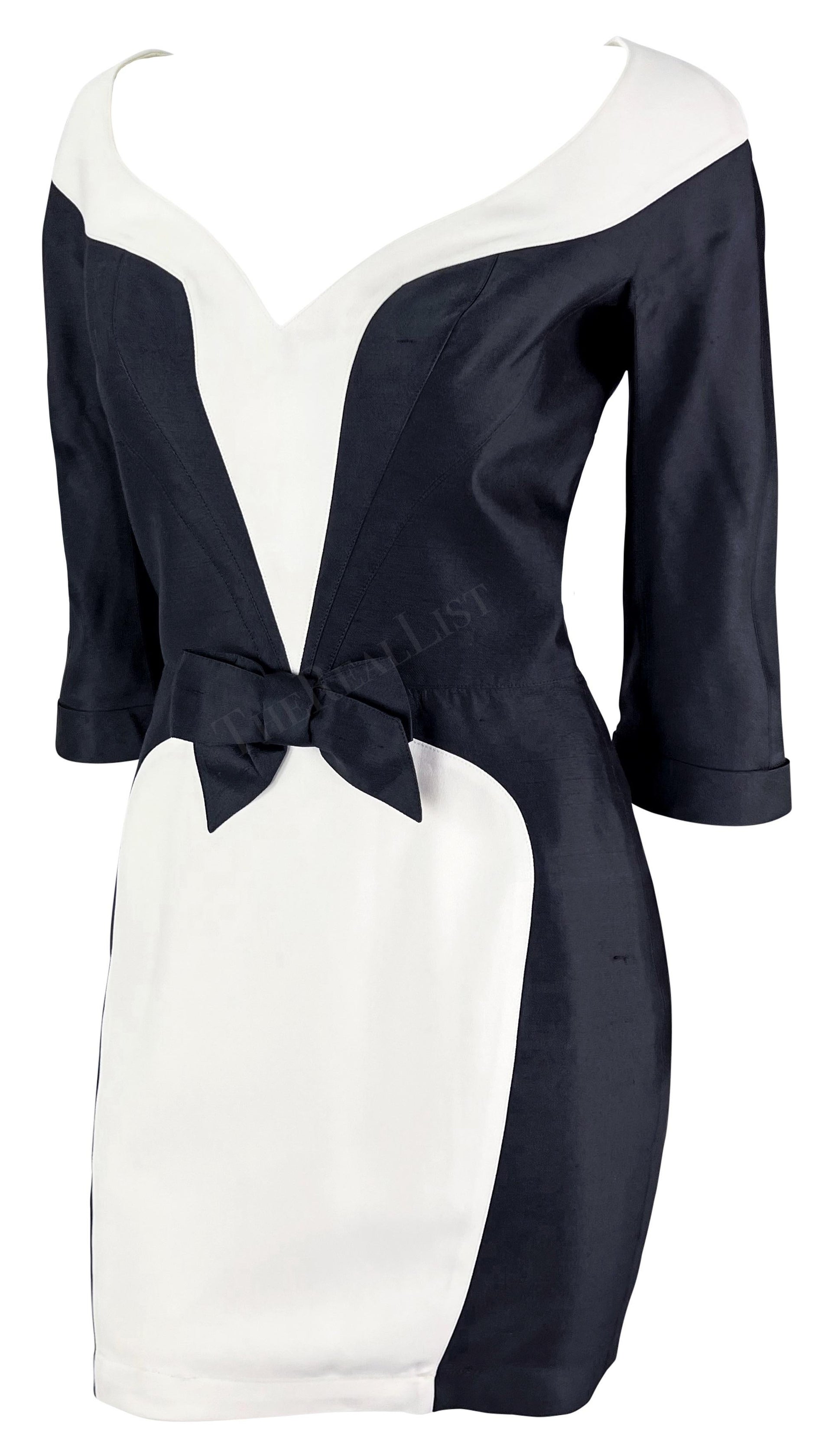 Mid 1990s Thierry Mugler Black White Silk Sheath Bow Dress