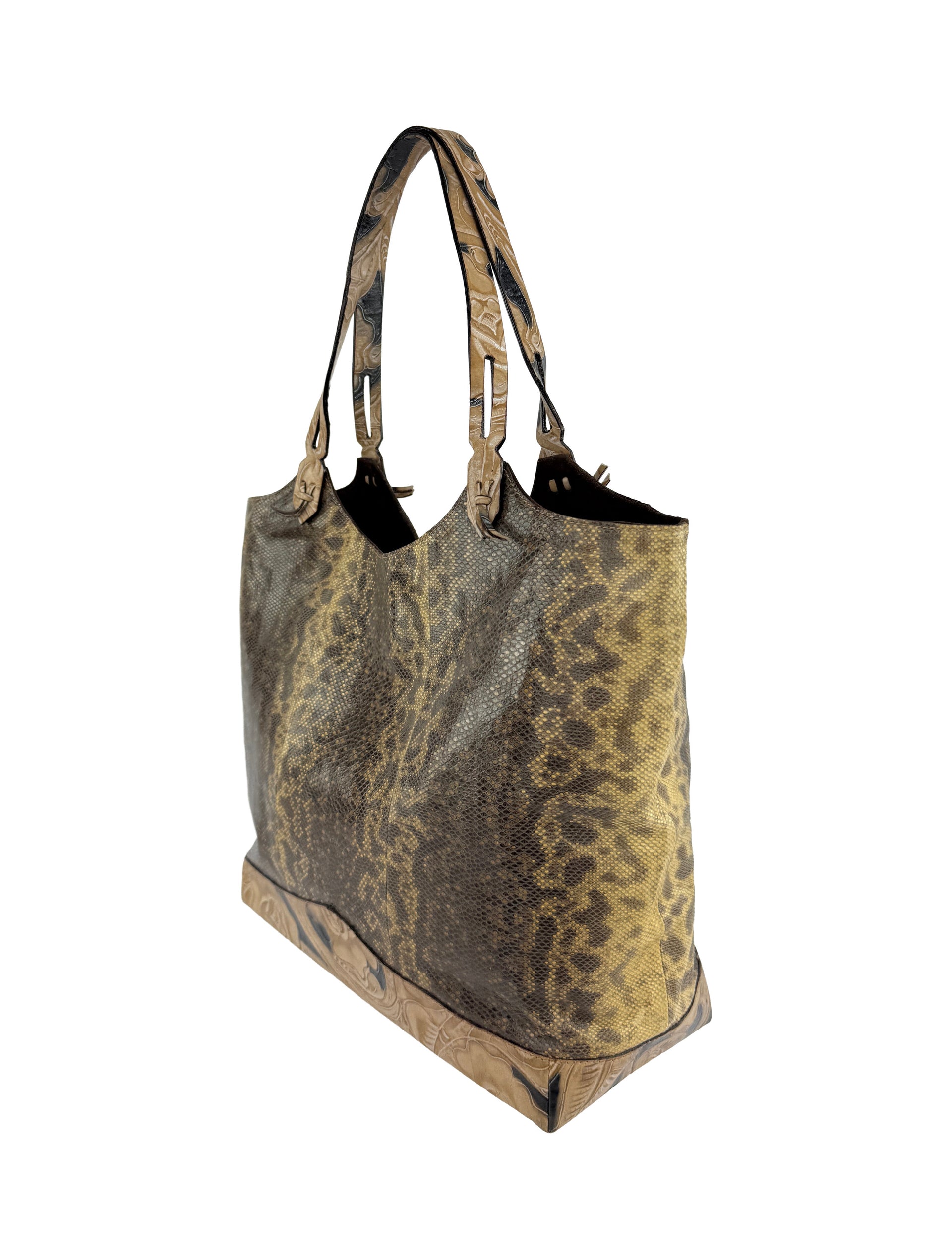 2000s Emanuel Ungaro Genuine Snakeskin Tan Carved Floral Leather Shoulder Bag