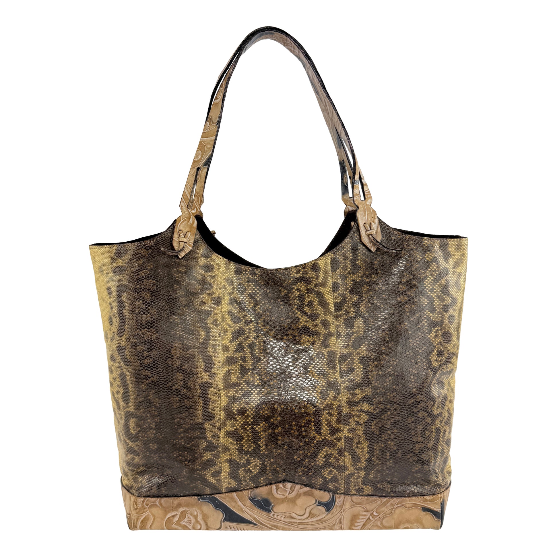 2000s Emanuel Ungaro Genuine Snakeskin Tan Carved Floral Leather Shoulder Bag