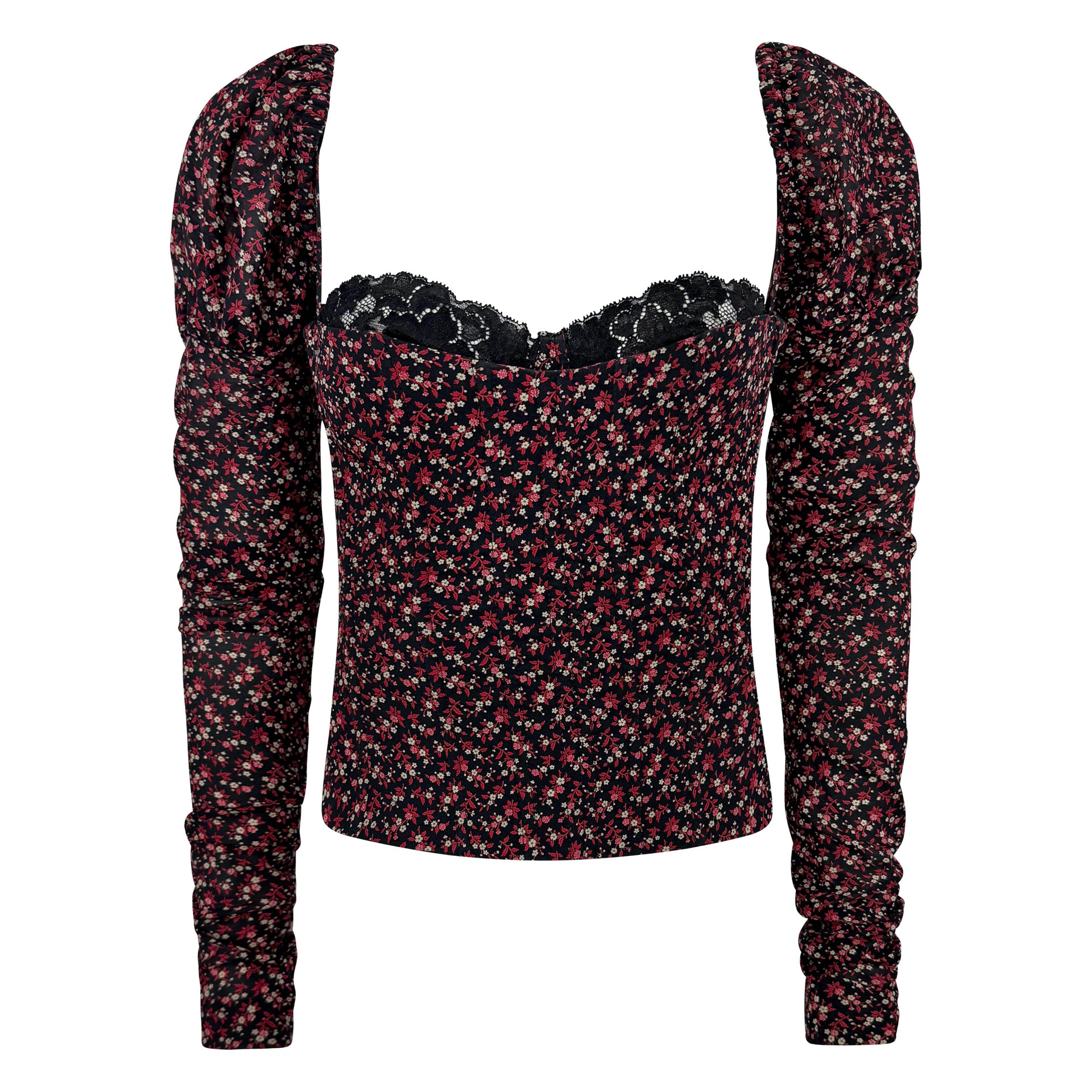 F/W 2001 Dolce & Gabbana Runway Black Red Floral Corset Boned Bustier Long Sleeve Top