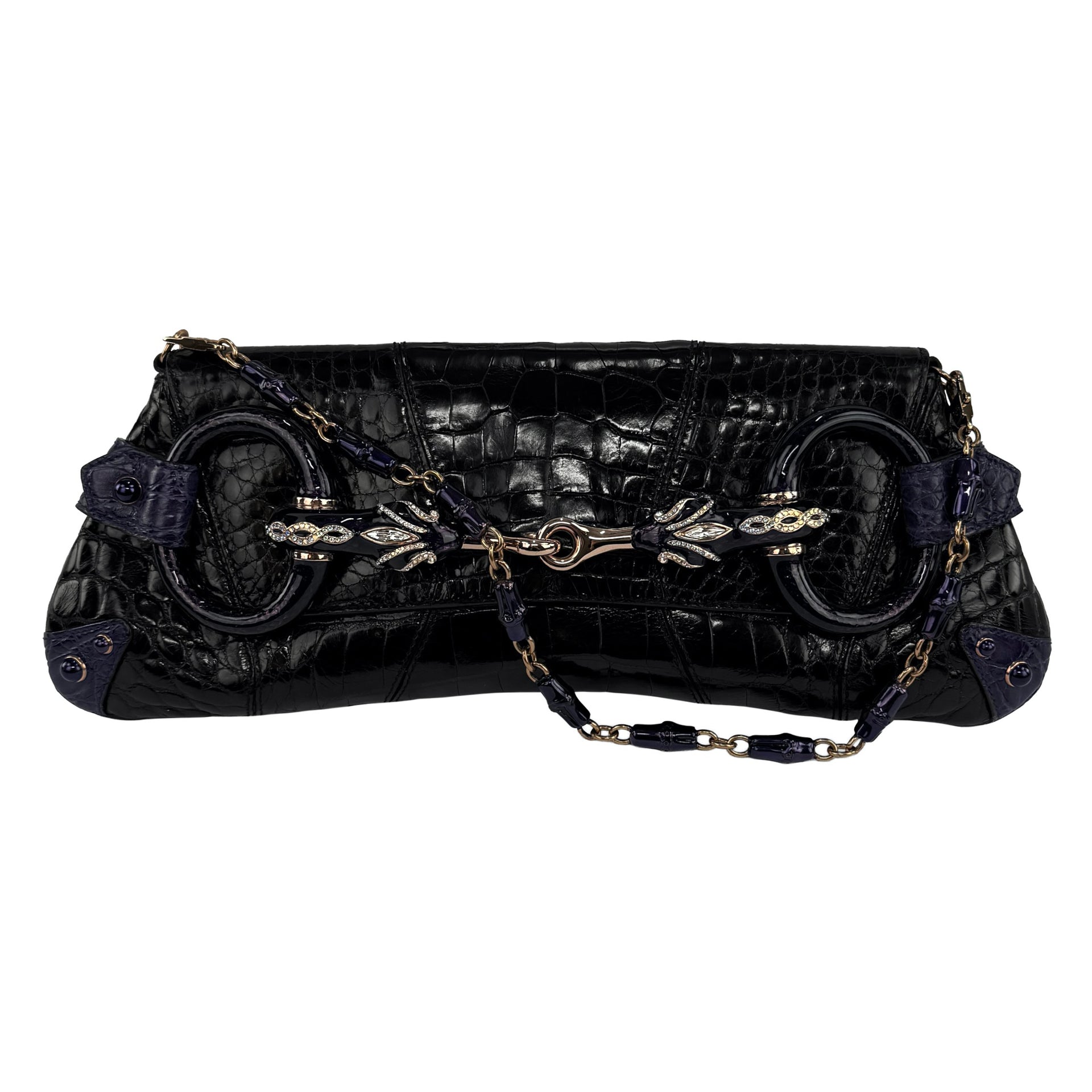S/S 2004 Gucci by Tom Ford Runway Genuine Alligator Purple Black XL Horsebit Clutch