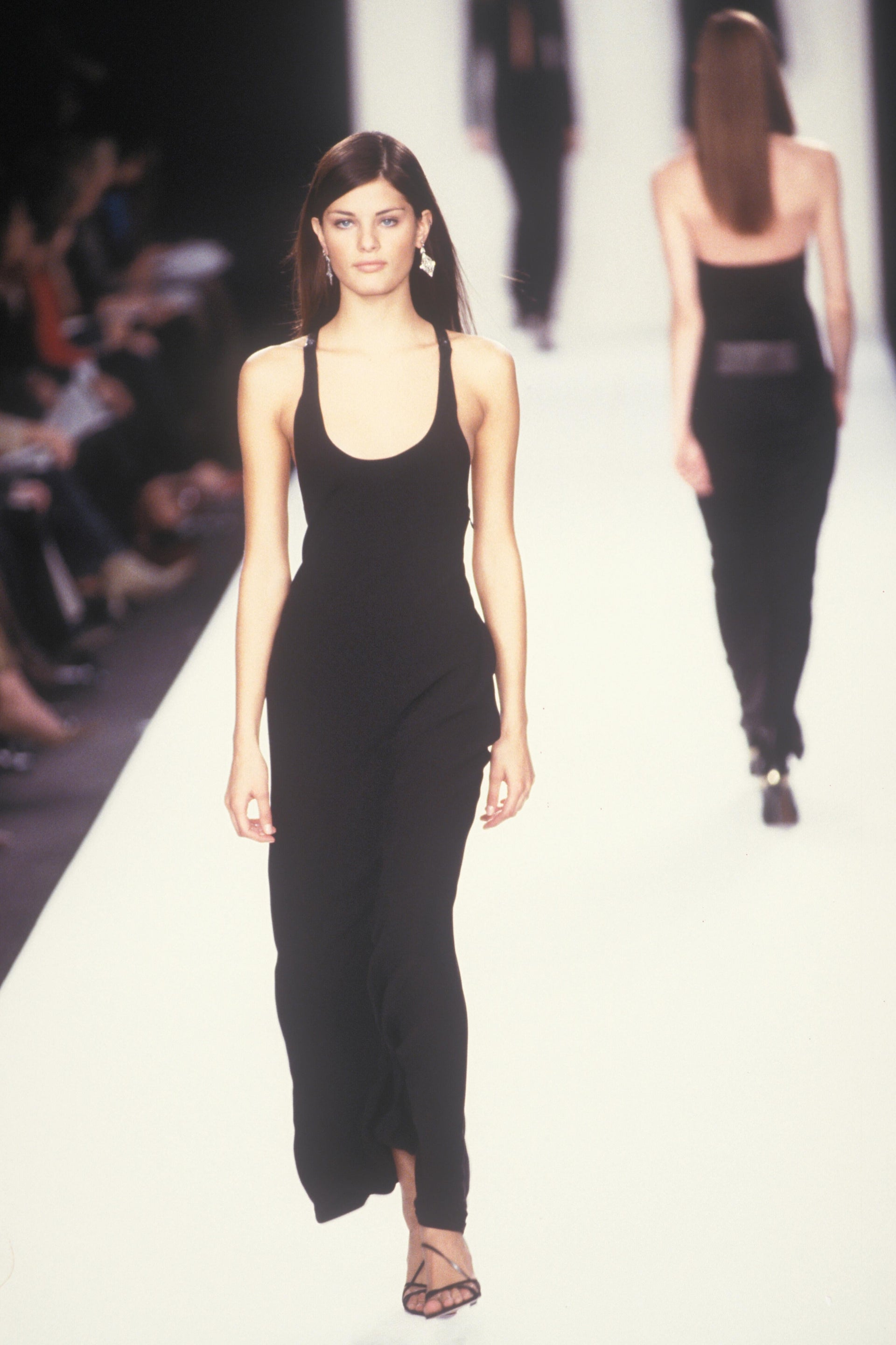 F/W 2001 Ralph Lauren Runway Black Leather Strap Backless Silk Flare Gown