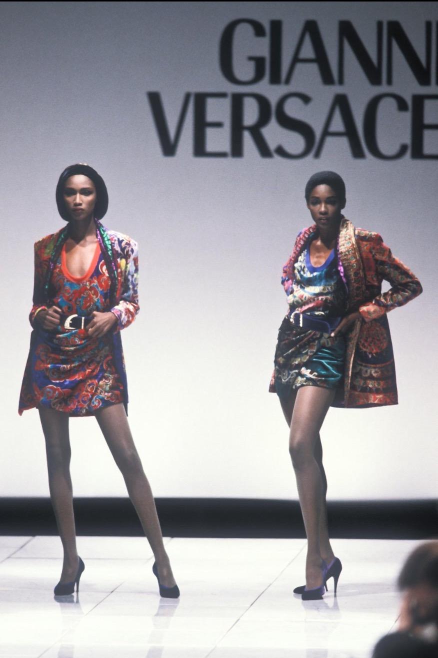 F/W 1990 Gianni Versace Multicolor Pattern Velvet Pencil Skirt