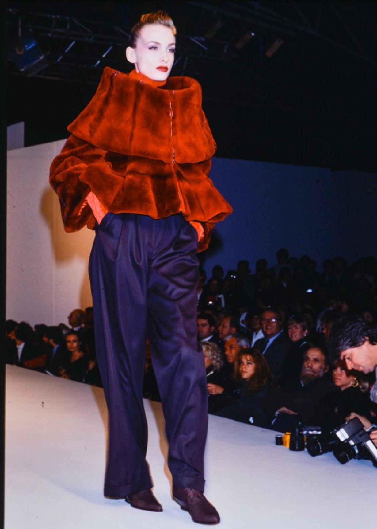 F/W 1988 Claude Montana Runway Deep Red Oversized Collar Flare Fur Coat