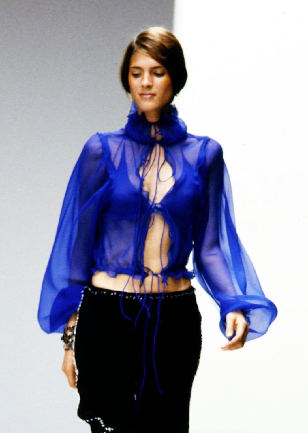S/S 2000 Fendi by Karl Lagerfeld Runway Sheer Royal Blue Silk Chiffon Blouse