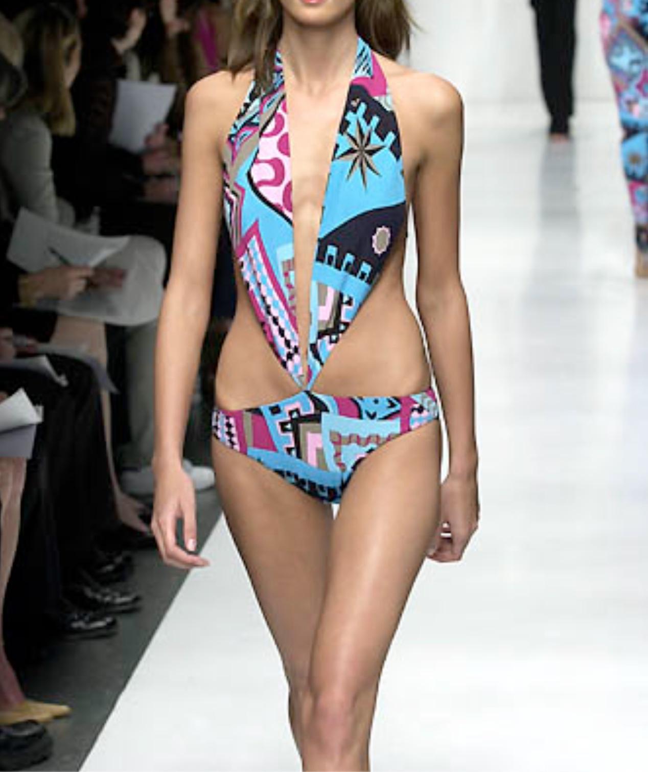 S/S 2001 Yigal Azrouël Runway Plunging Halter Pink Blue One-Piece Swimsuit