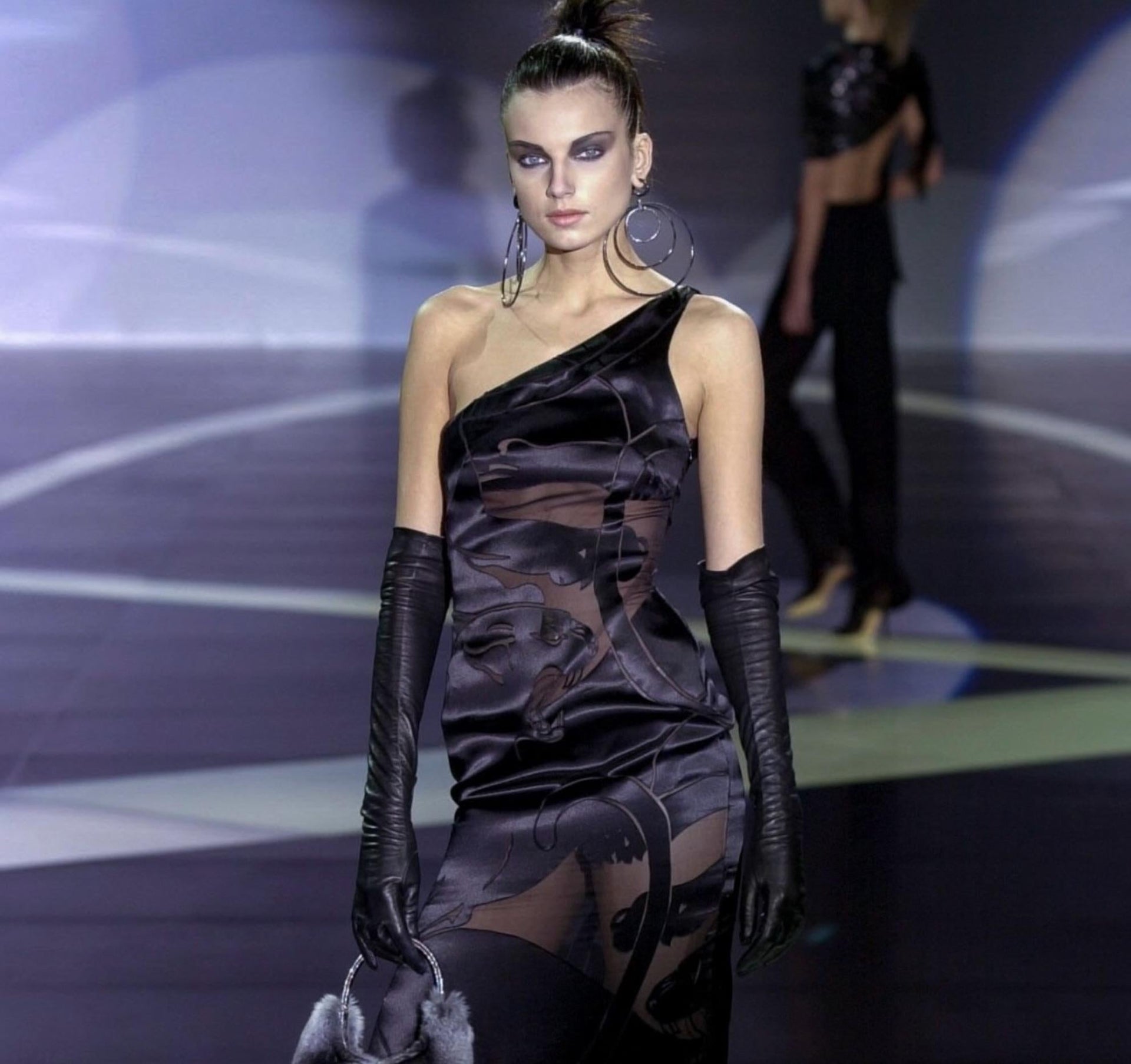 F/W 2001 Valentino Garavani Runway Satin Black Panther Sheer Rhinestone Gown