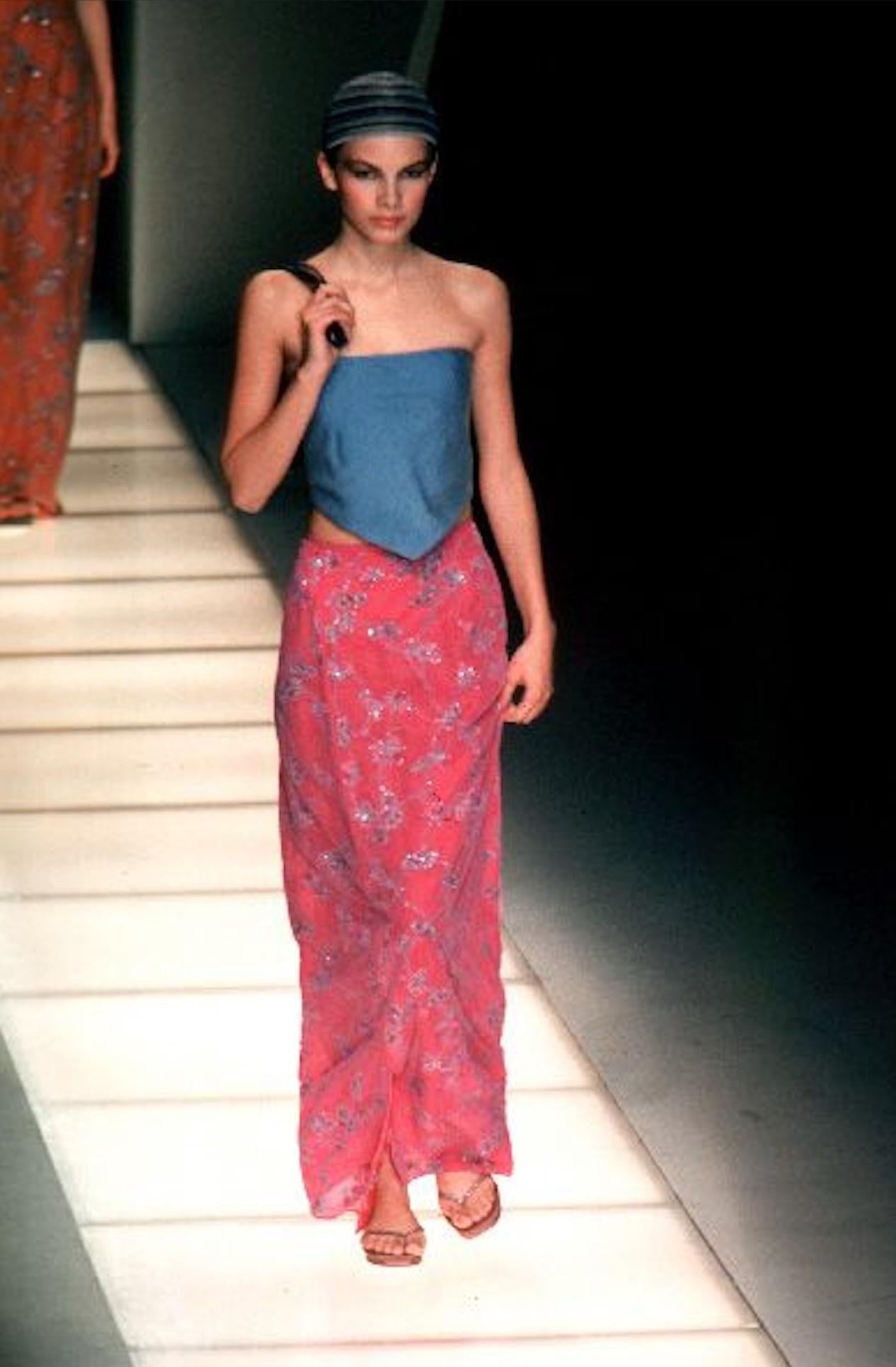 S/S 1999 Giorgio Armani Runway Pink Floral Beaded Tulle Overlay Maxi Skirt