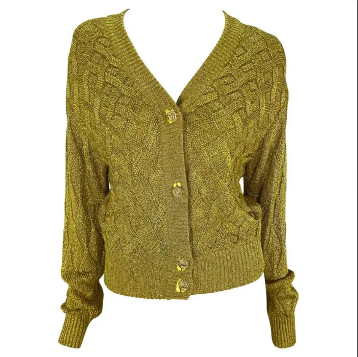 F/W 1992 Atelier Versace Gold Metallic Cable Knit Cardigan Sweater