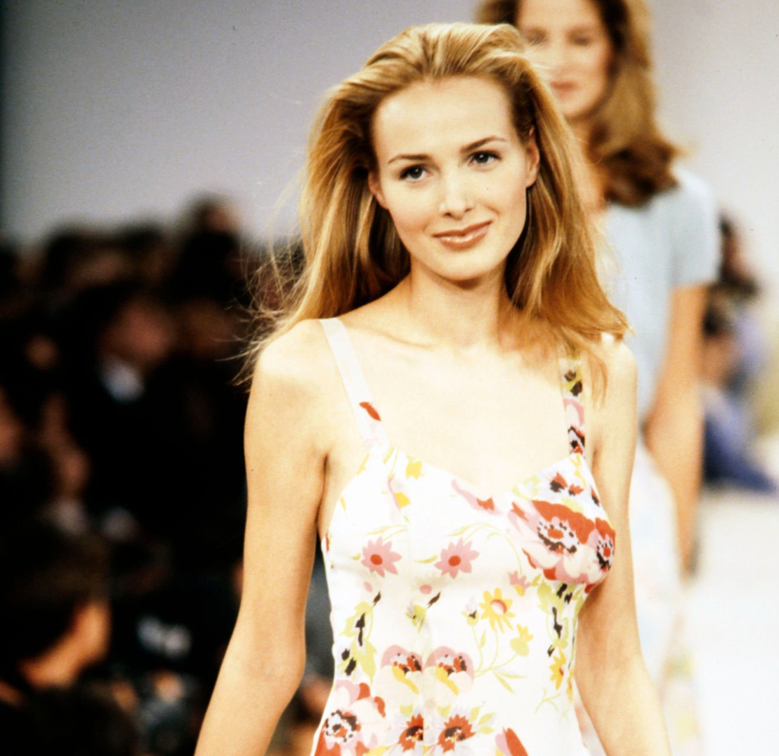 S/S 1995 Ralph Lauren Runway Off-White Floral Crepe Silk Flare Mini Dress