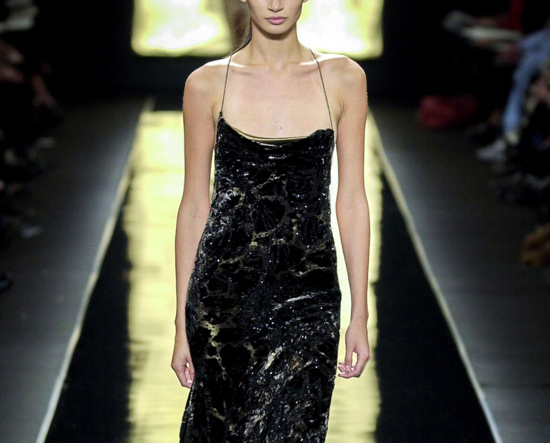 F/W 2001 Donna Karan Runway Gold Lamé Velvet Devoré Overlay Backless Gown