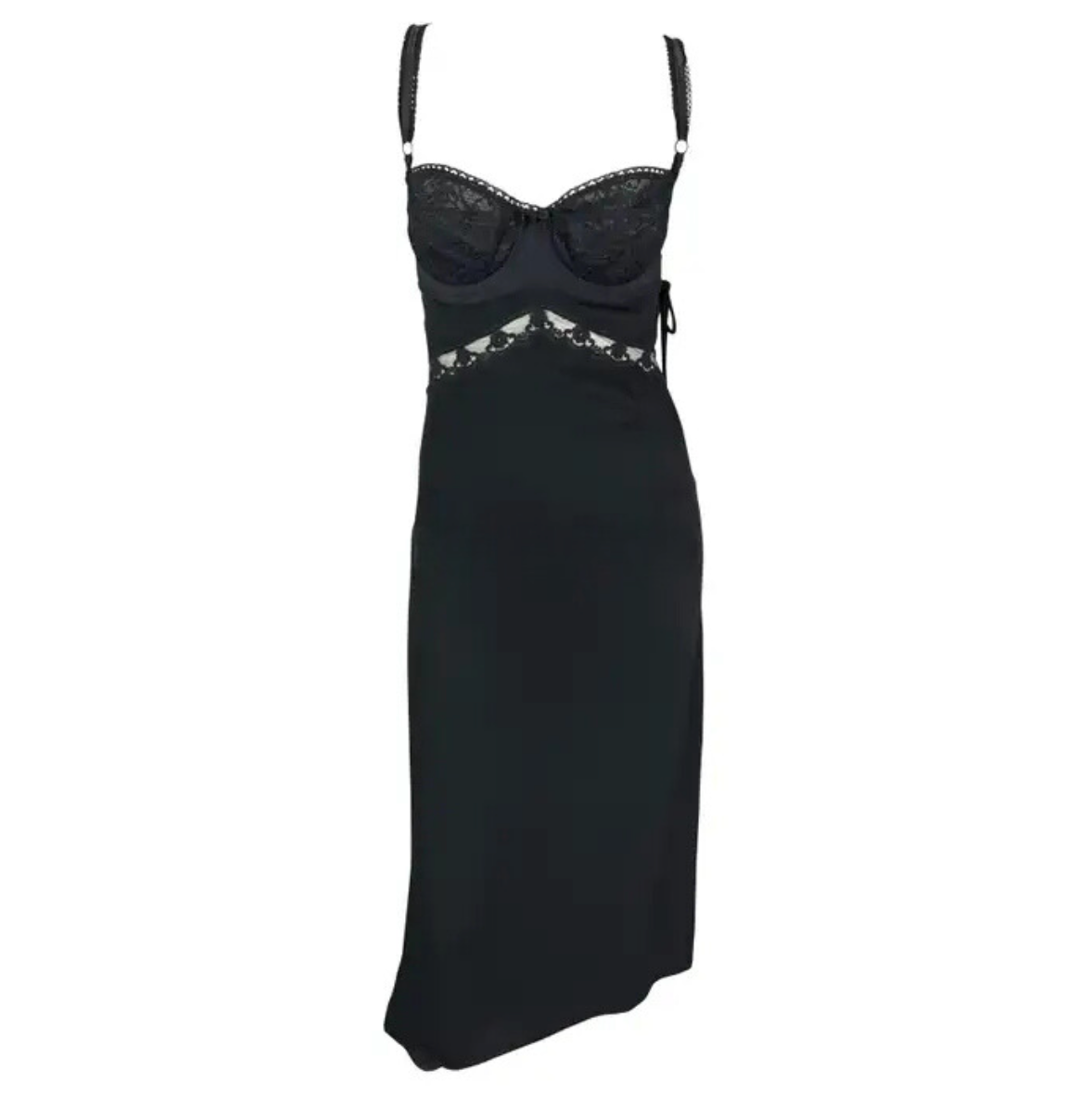 S/S 1997 Dolce & Gabbana Sheer Black Lace Bustier Stretch Cutout Slip Dress