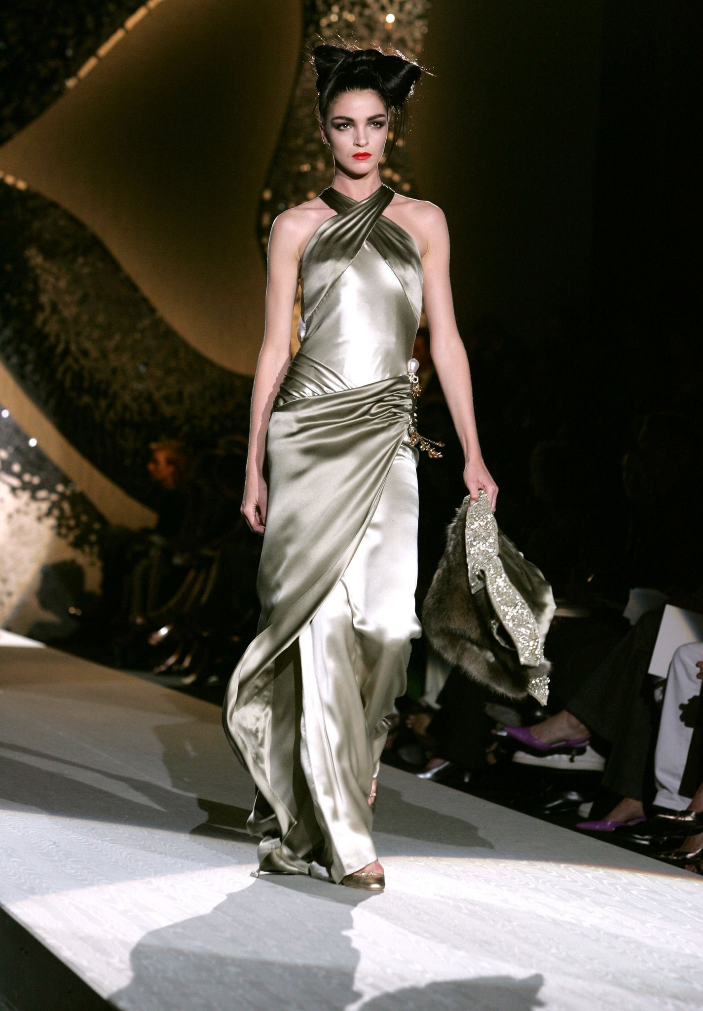 F/W 2005 Valentino Haute Couture Olive Green Silk Metal Embellished Runway Gown
